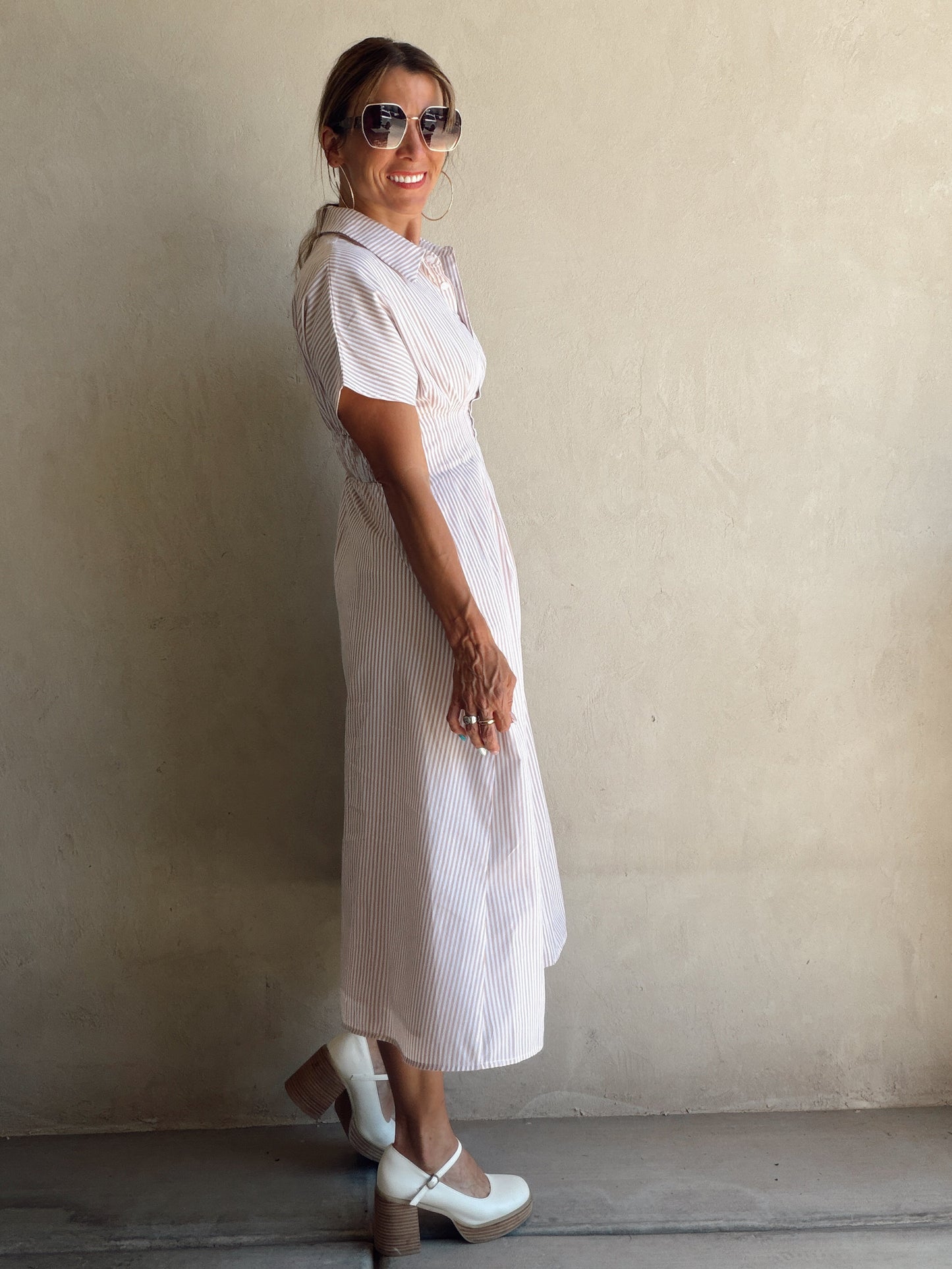 Sherri Striped Dress in Taupe & White