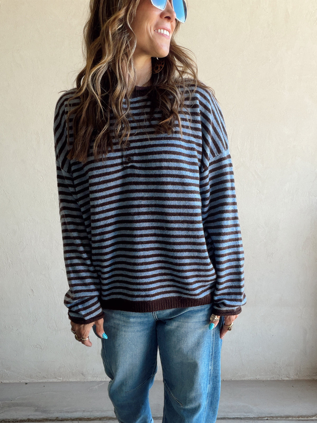 Hanna Henley Sweater in Blue & Chocolate
