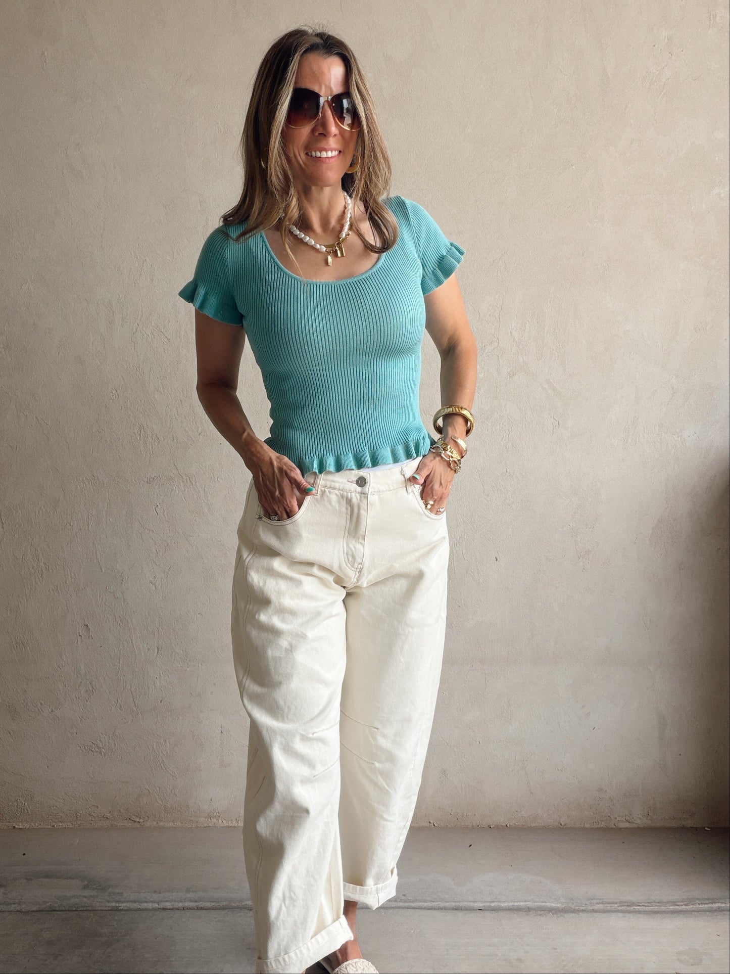 Rilee Ribbed Scoop Neck Top in Teal