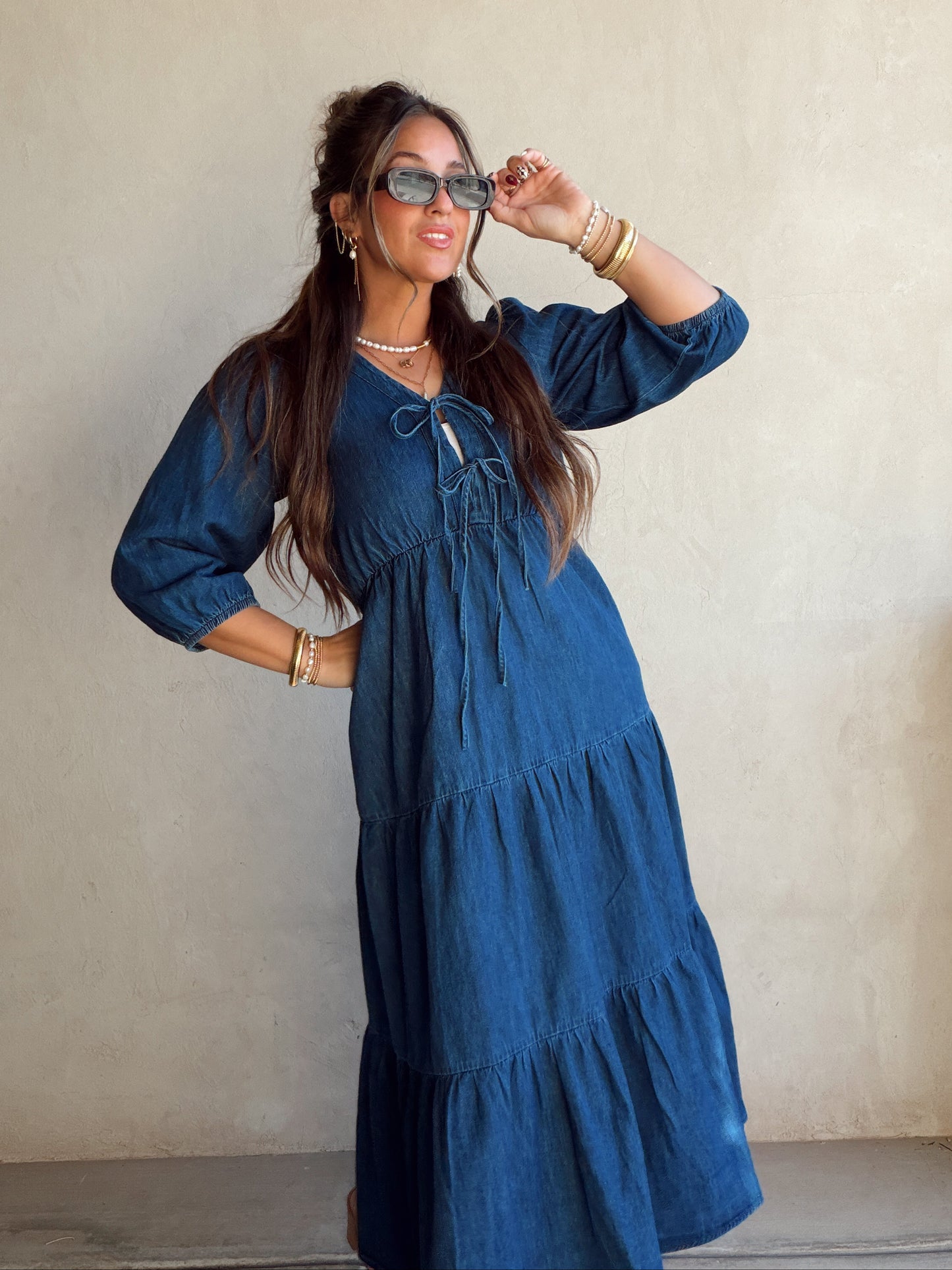 Jolee Bow Maxi Dress in Denim