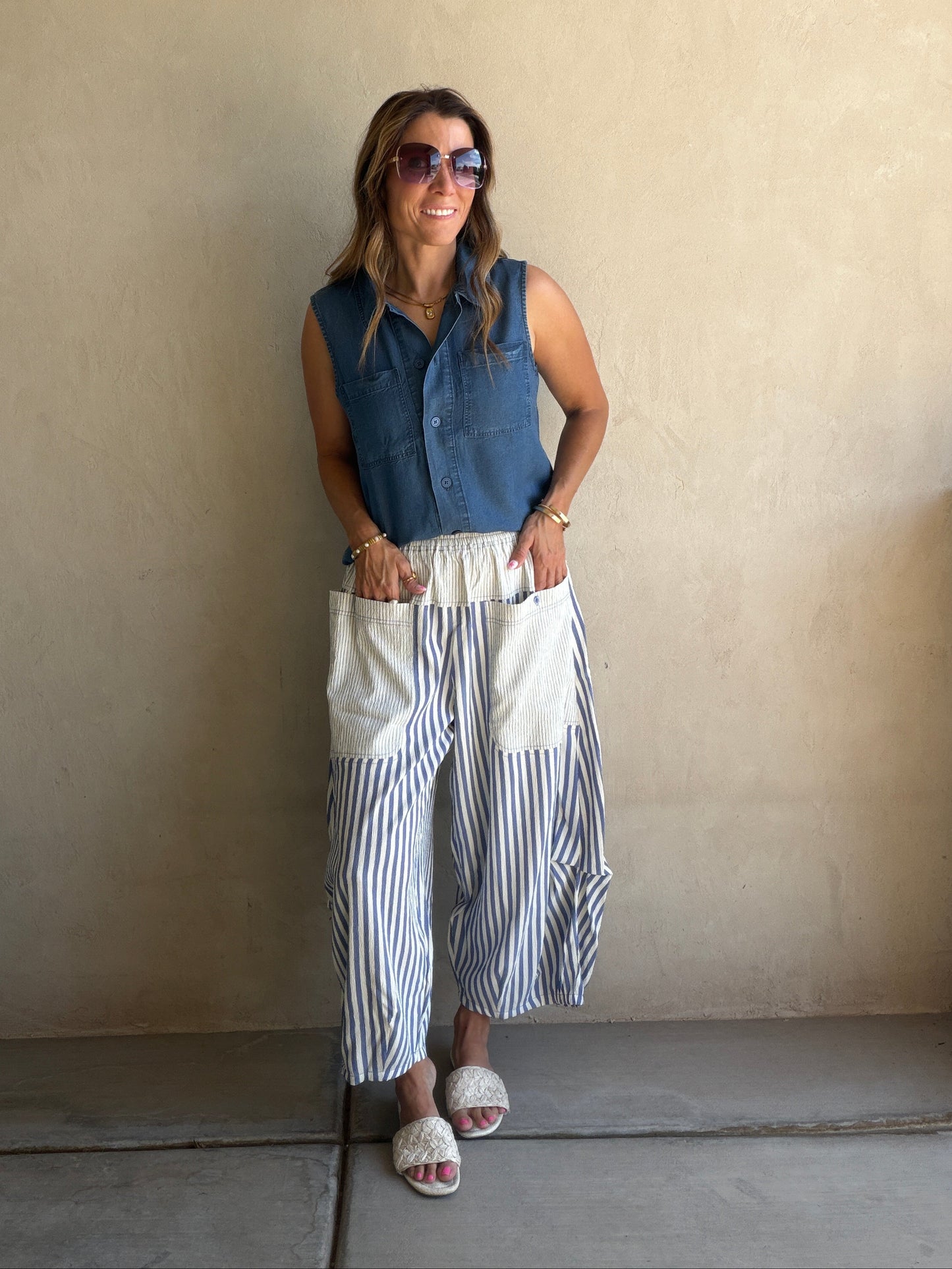 Charley Striped Parachute Pants in Blue & Cream