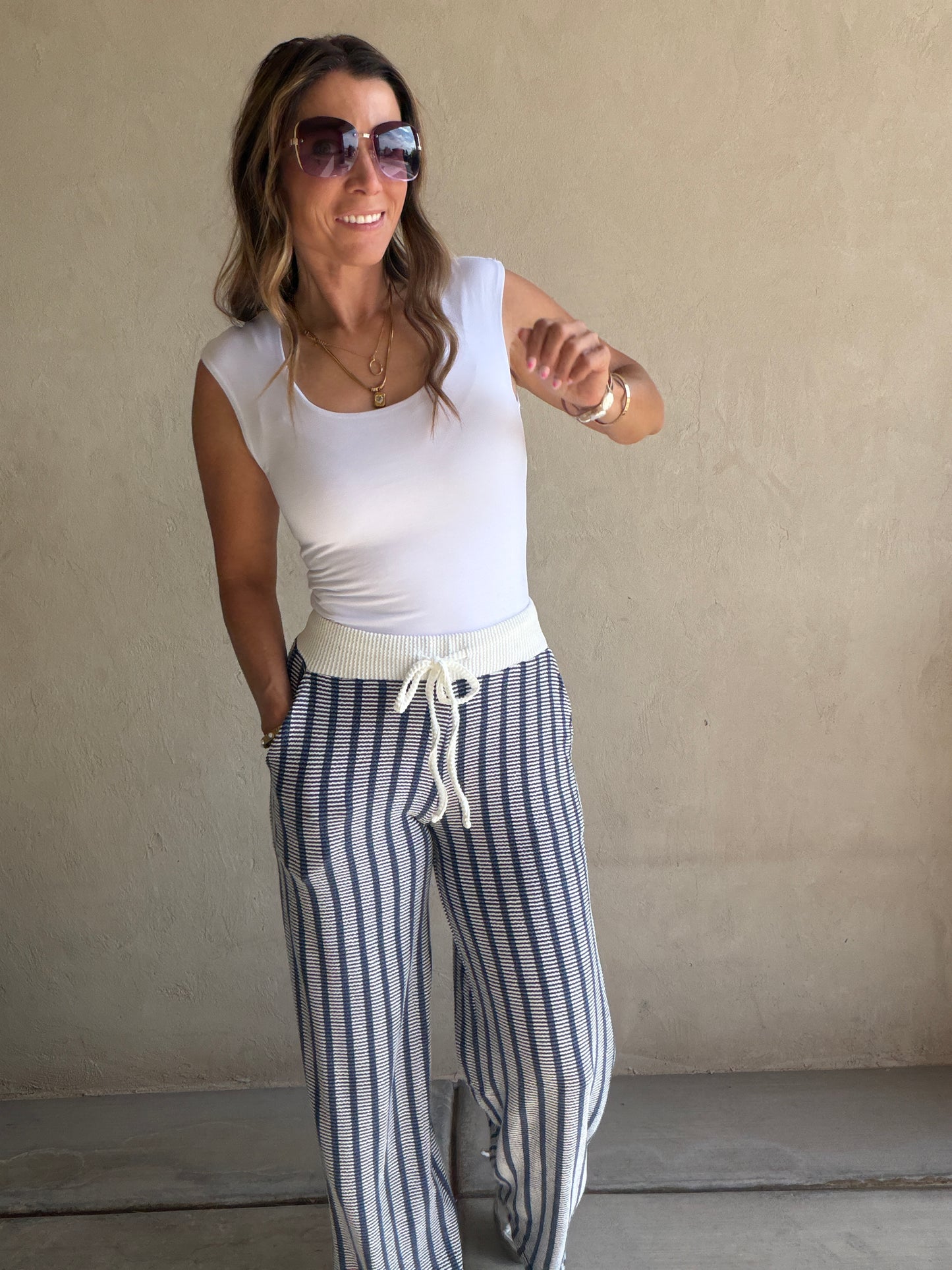Andrea Ribbed Pants in Navy & Ivory