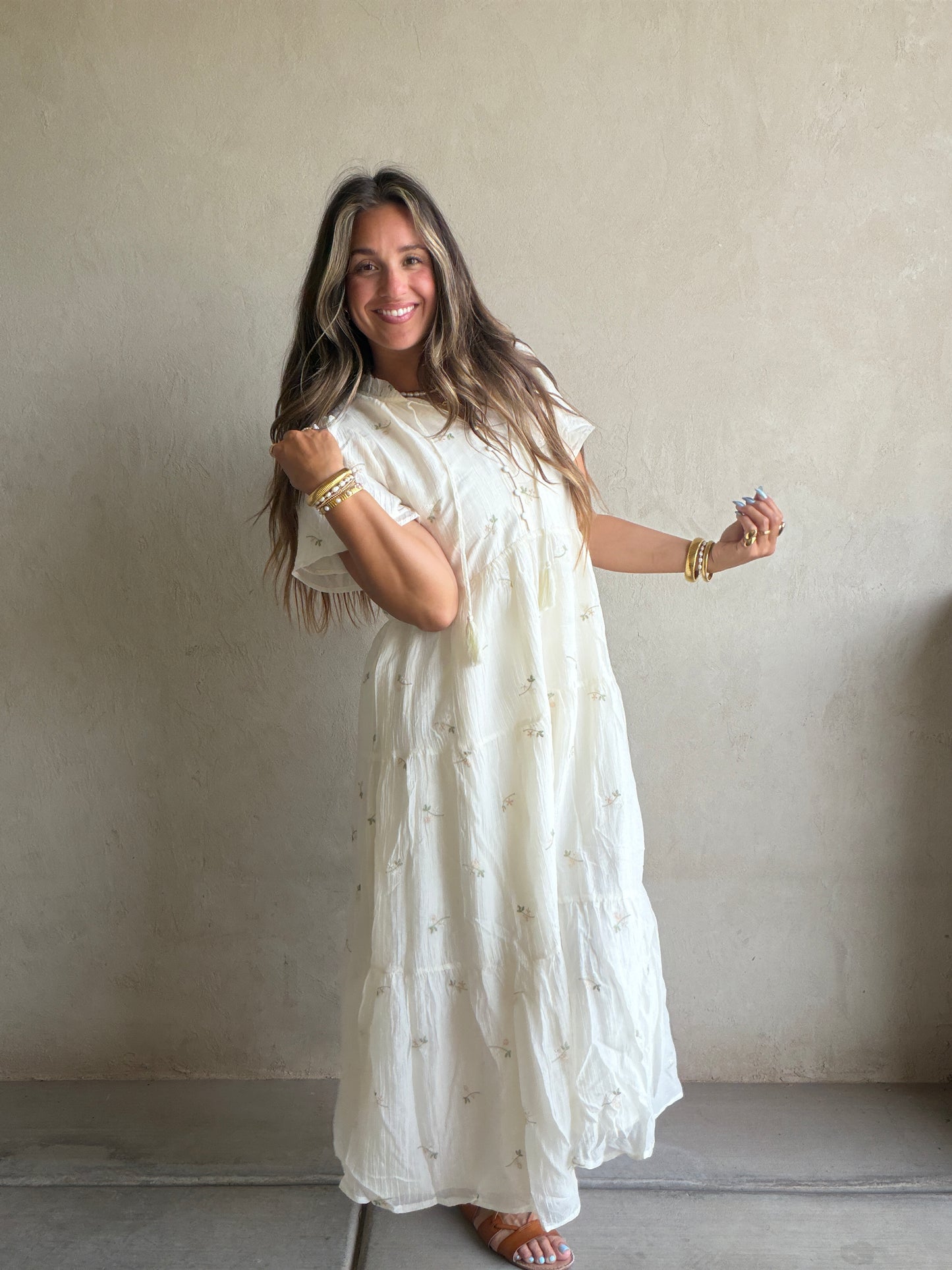 Ava Embroidered Dress in Cream