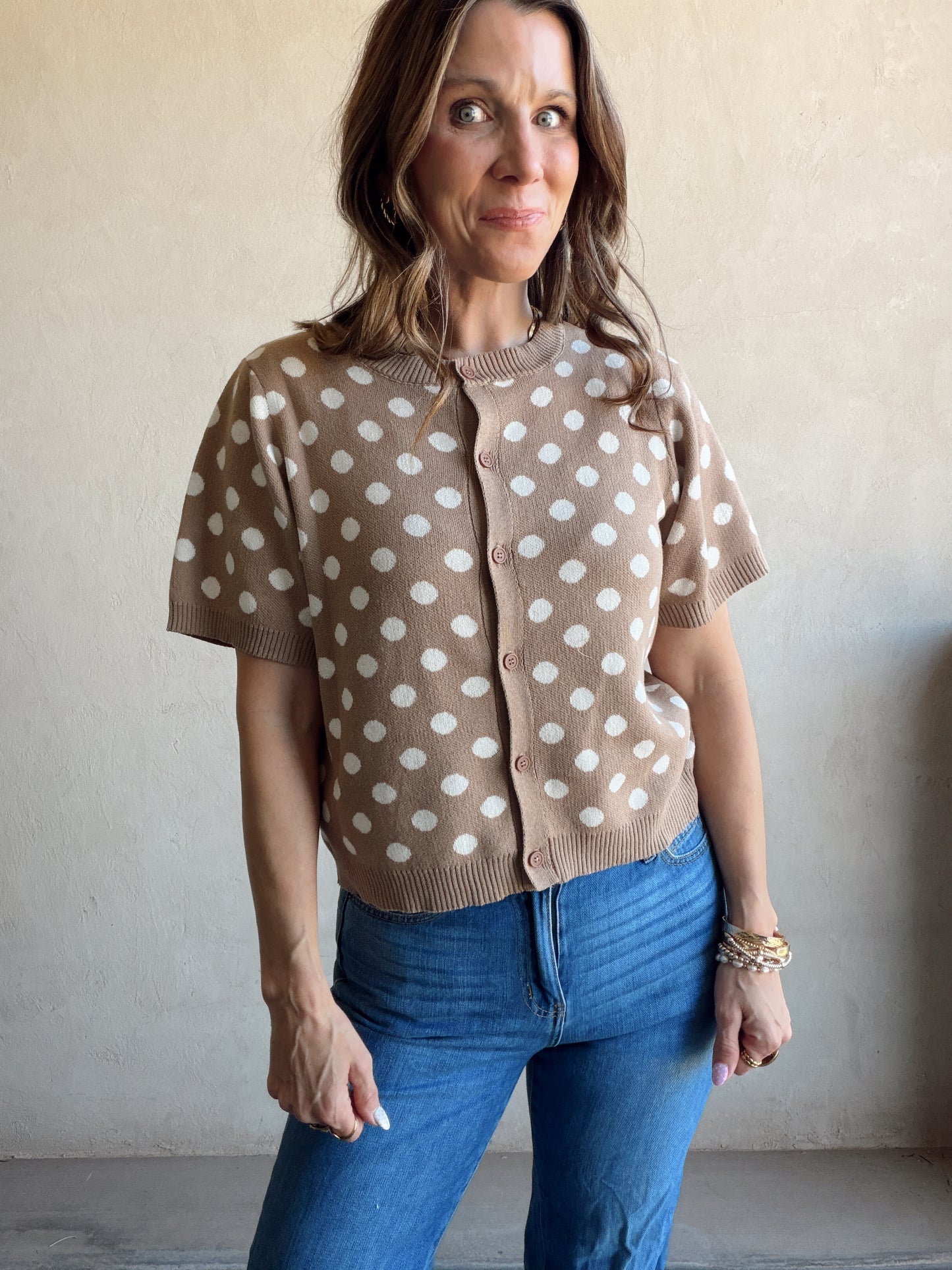 Polka Dot Cardigan in Taupe & Ivory