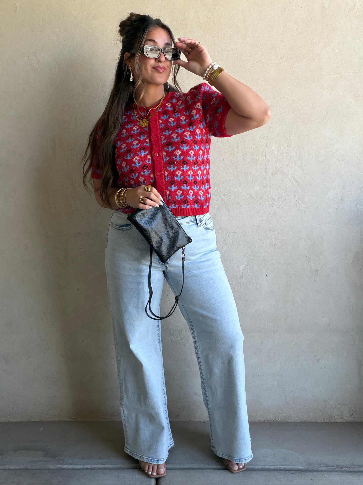 Maddy Button Down Cardigan in Red & Blue