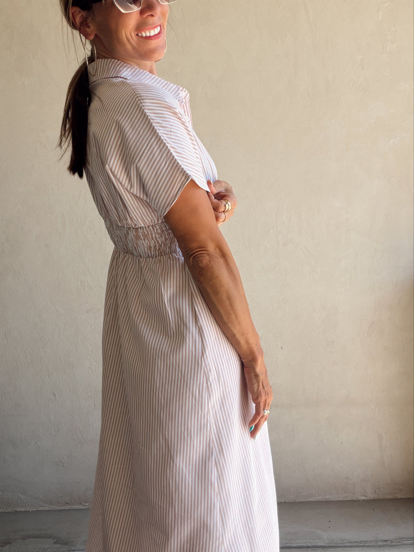 Sherri Striped Dress in Taupe & White