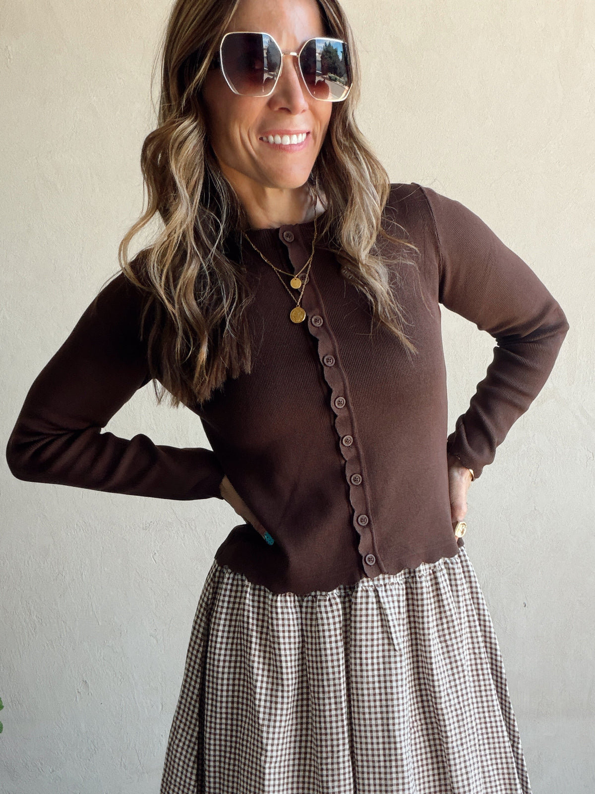 Caroline Scalloped Cardigan in Brown