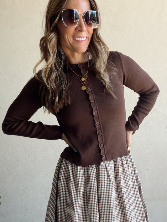 Caroline Scalloped Cardigan in Brown