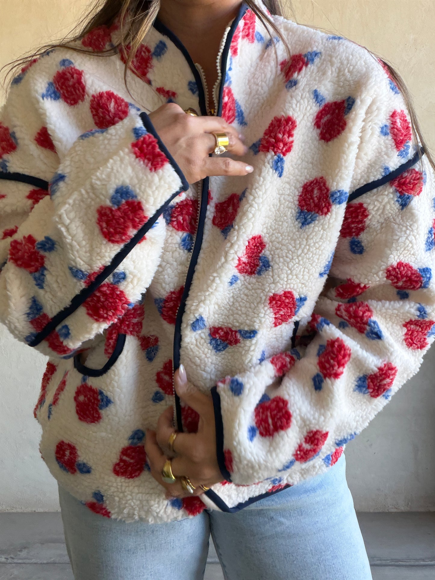 Luann Sherpa Jacket in Cream, Navy, & Red