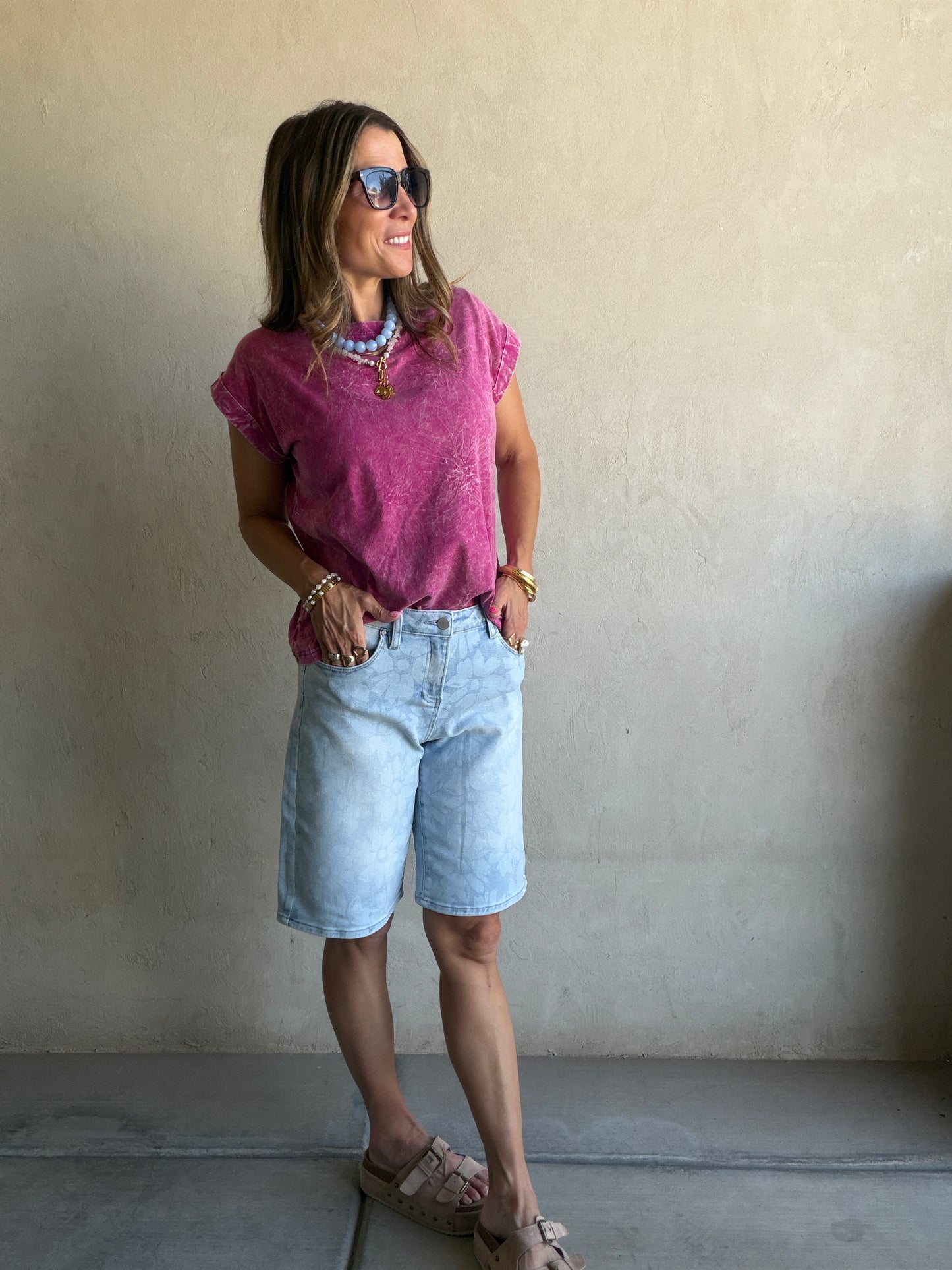 Chloe Floral Bermuda Shorts in Light Wash