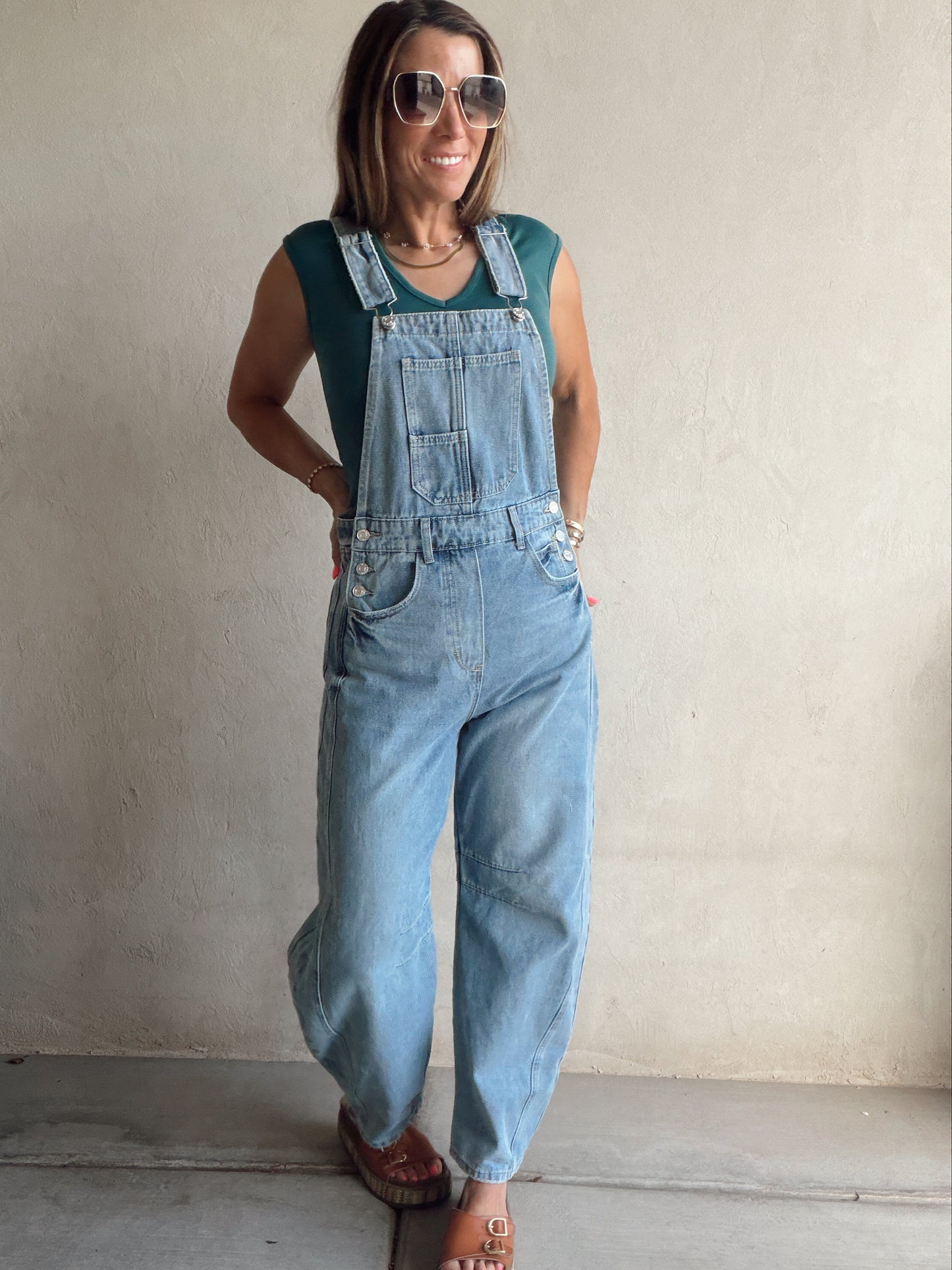 Bridget Denim Barrel Overalls in Medium Wash