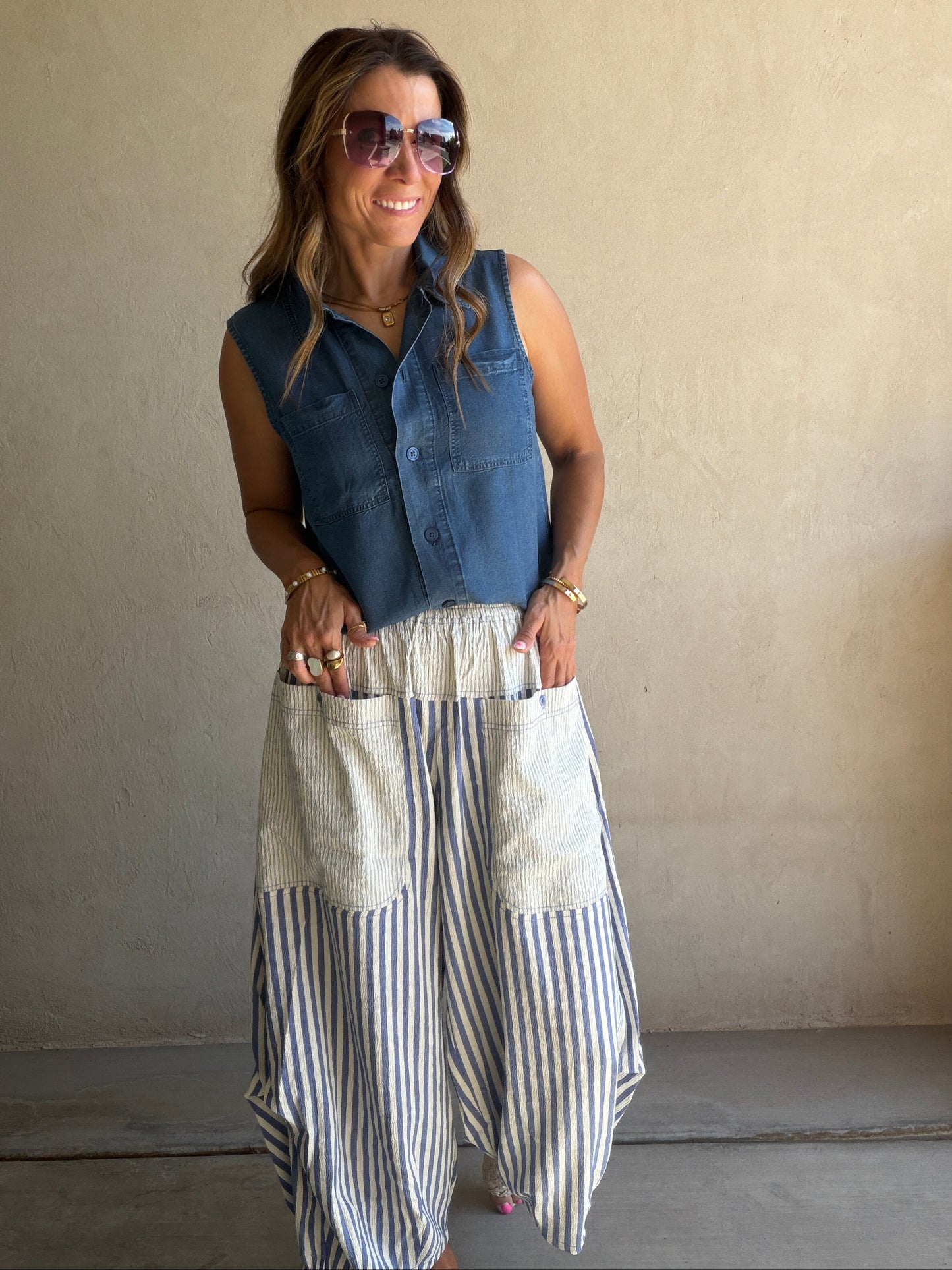 Charley Striped Parachute Pants in Blue & Cream