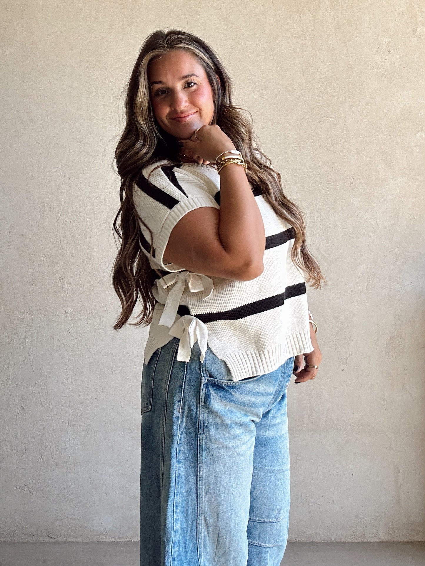Lainee Striped Top with Side Bows in Navy, Mocha, and Ivory