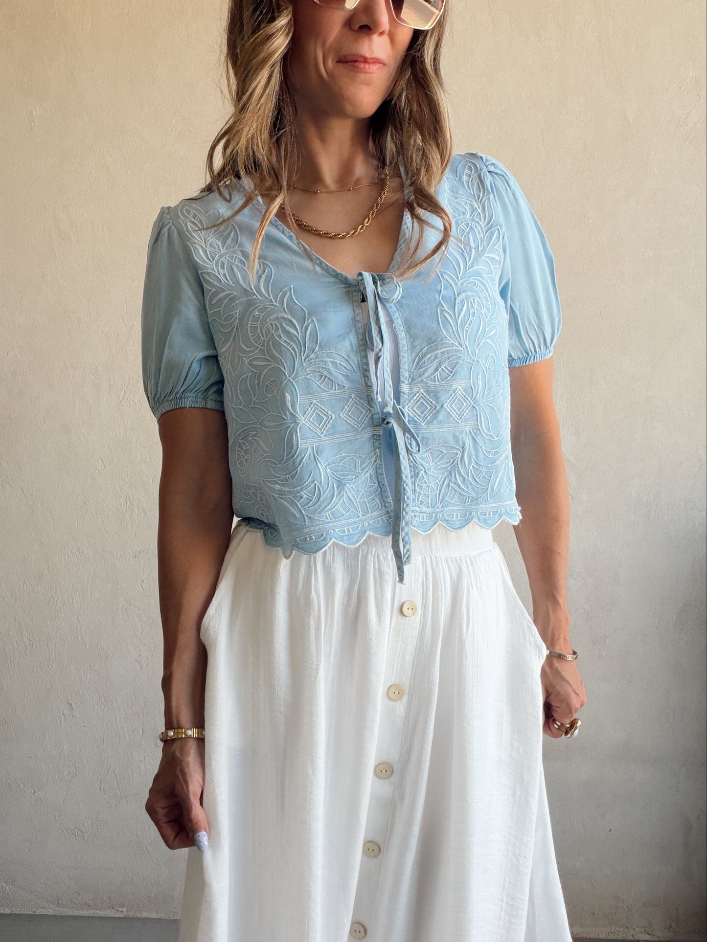 Sherry Embroidered Top in Light Blue