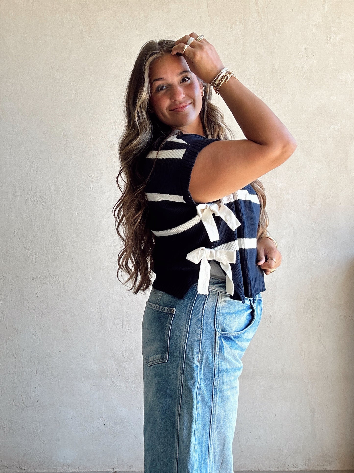 Lainee Striped Top with Side Bows in Navy, Mocha, and Ivory