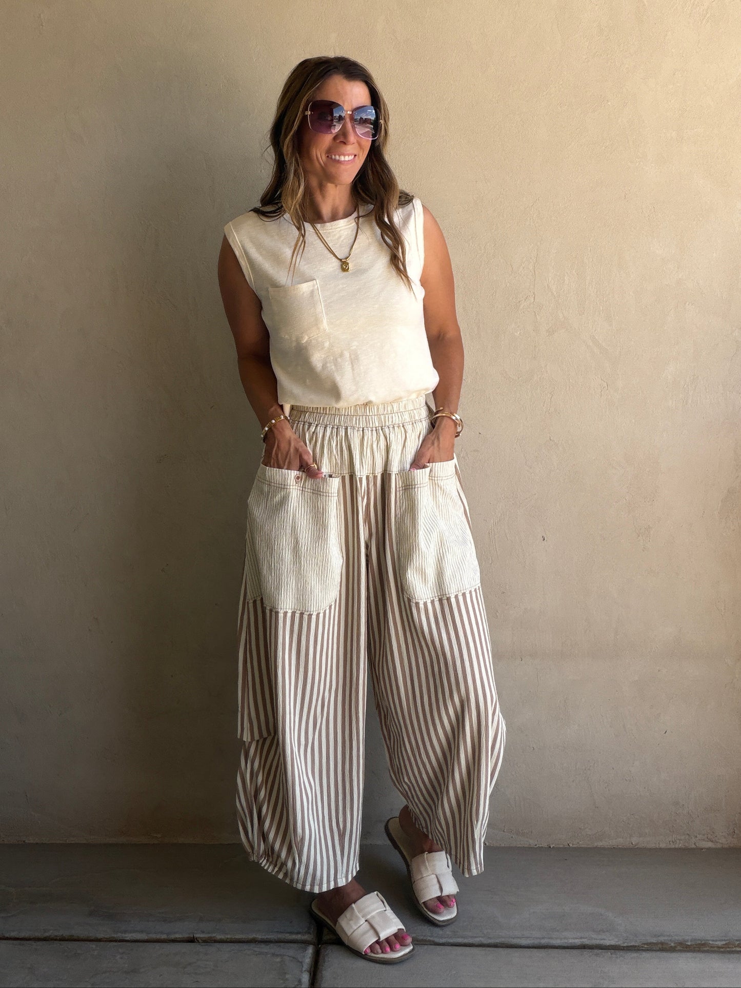 Charley Striped Parachute Pants in Mocha & Cream