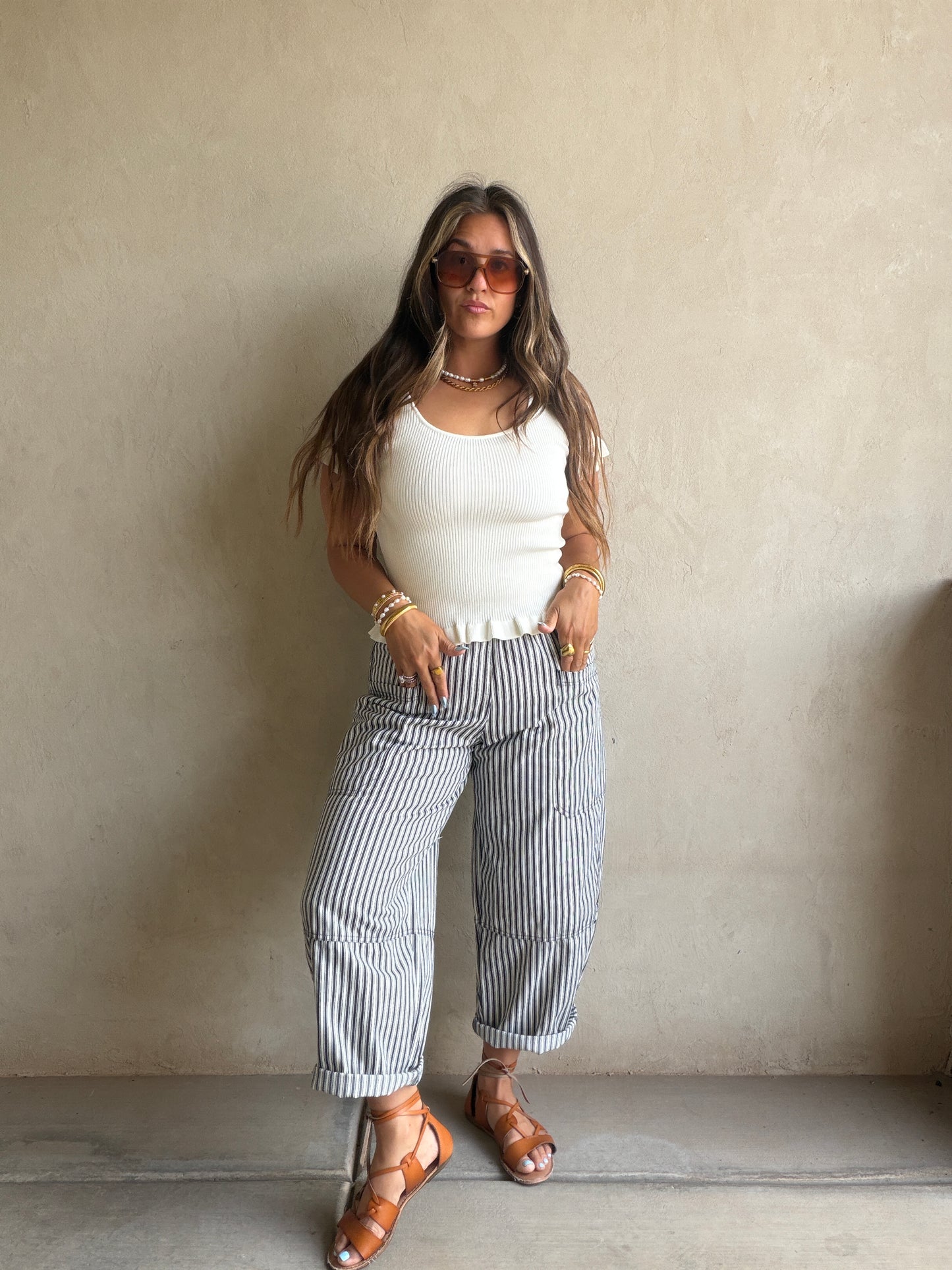Striped Barrel Pant in Navy