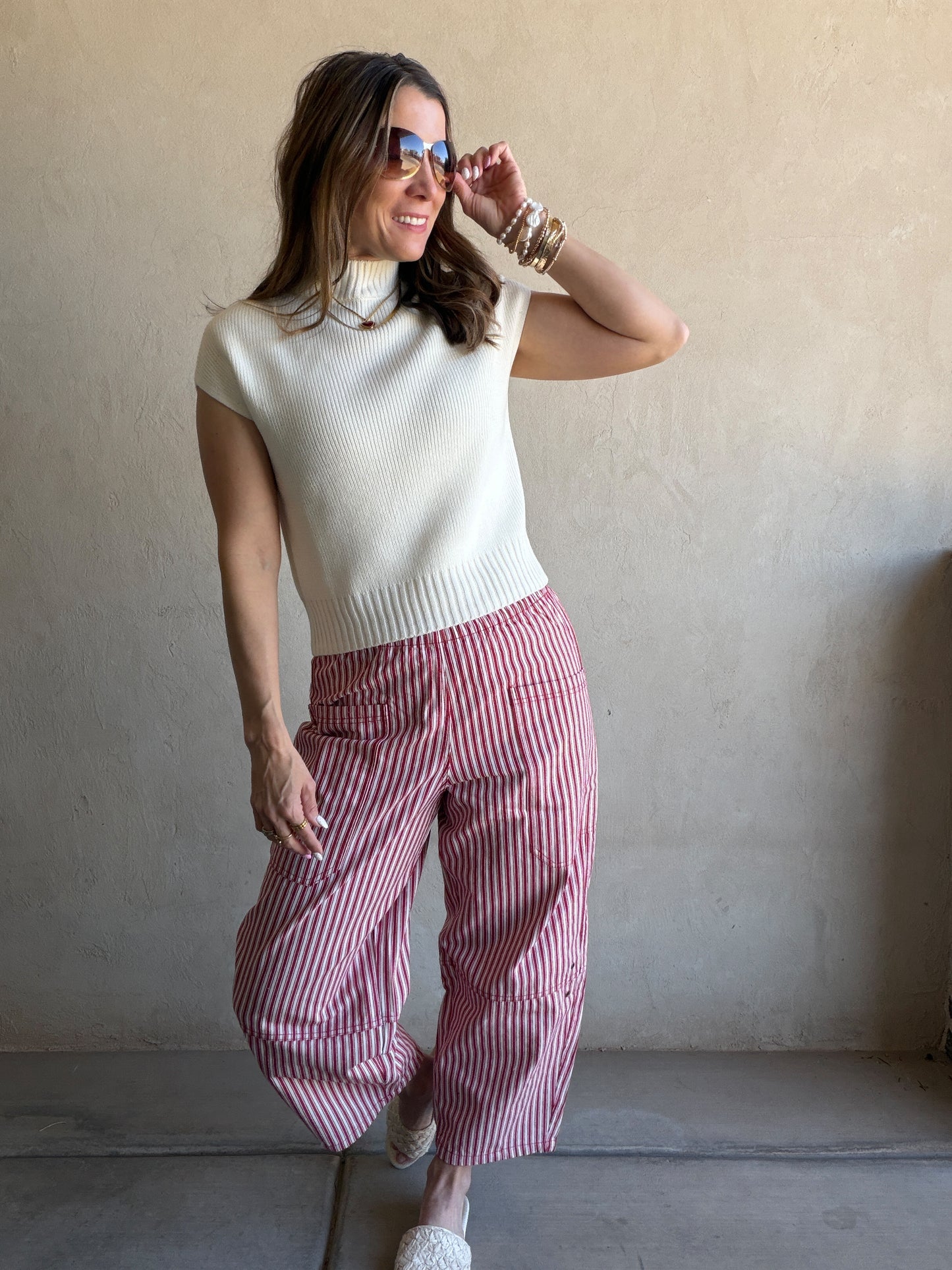 Striped Barrel Pant in Red