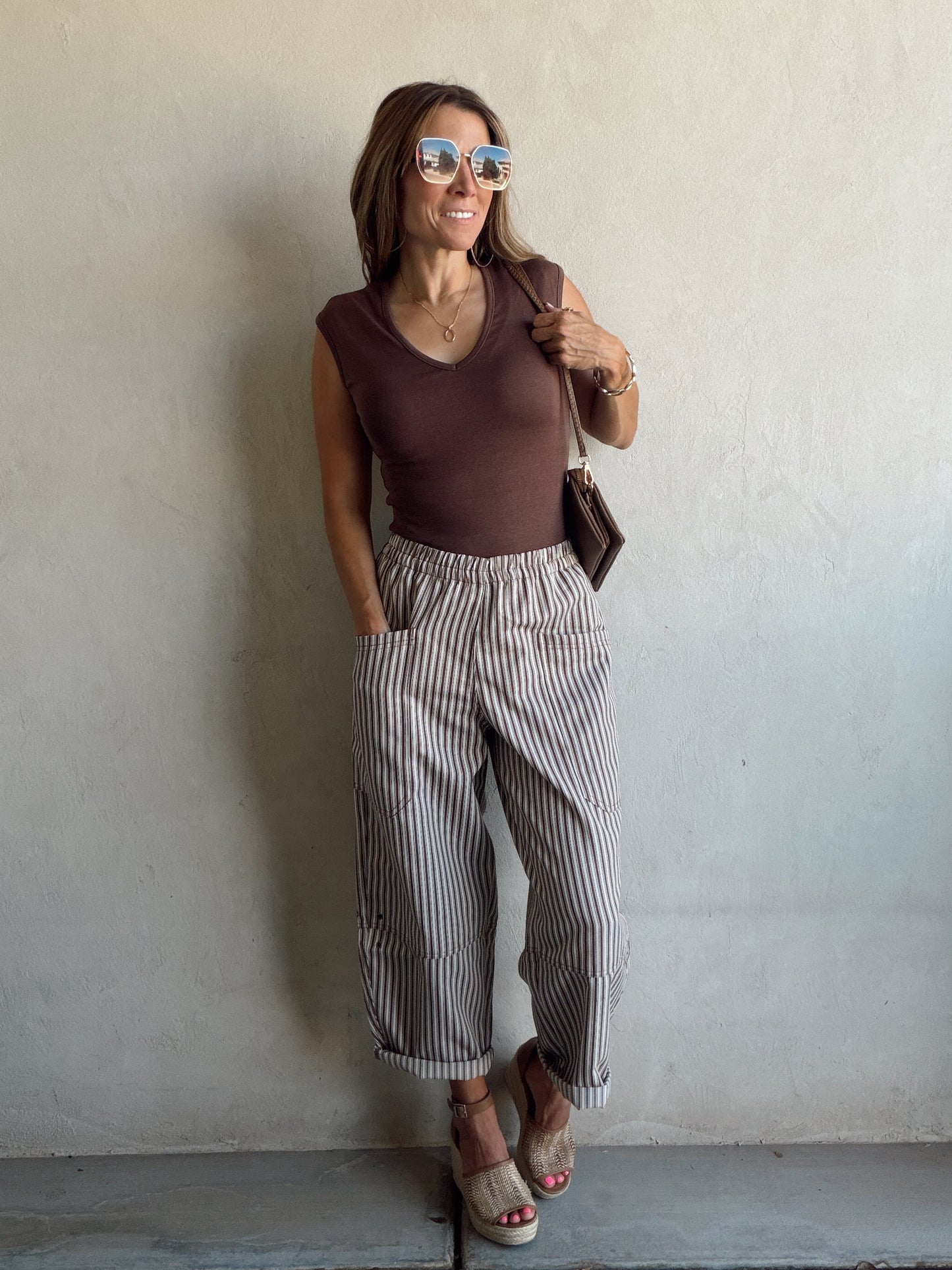 Sabrina Striped Barrel Pants in Brown