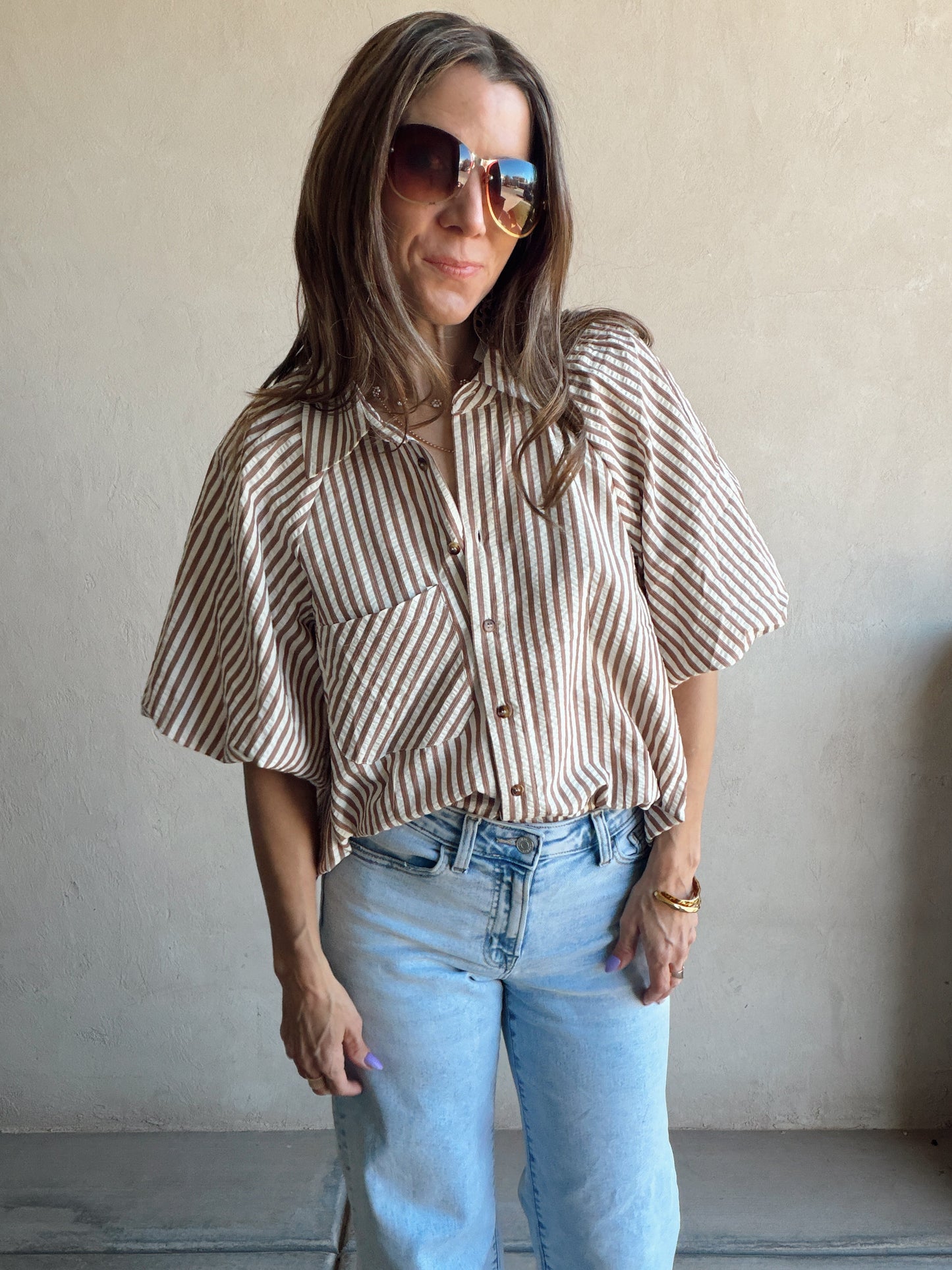 Jess Button Up Top in Pecan Stripe