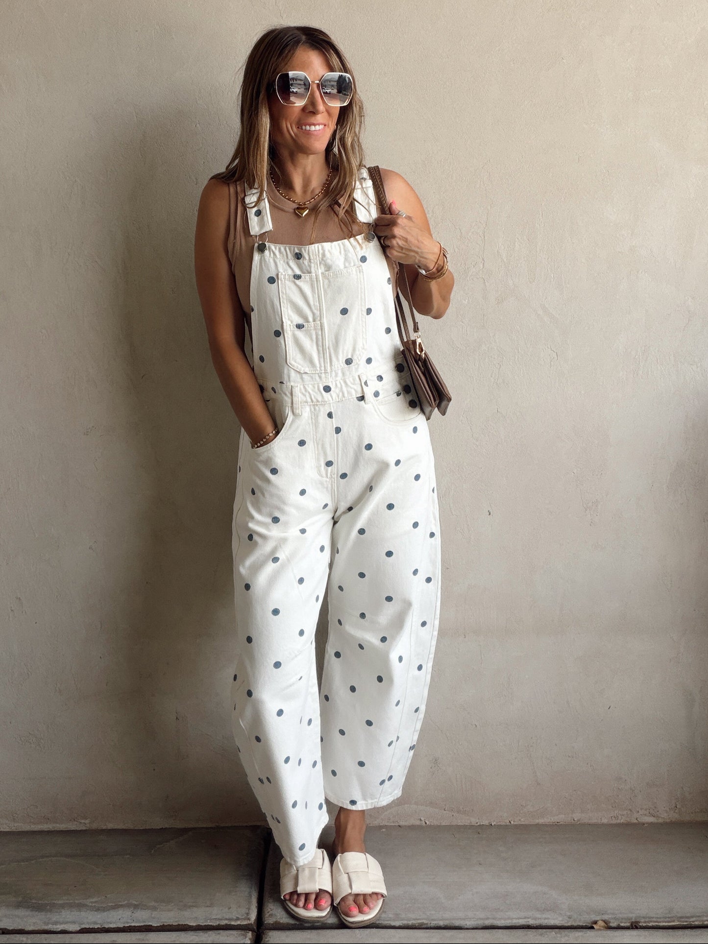 Leah Barrel Overalls in Cream with Blue Polka Dots
