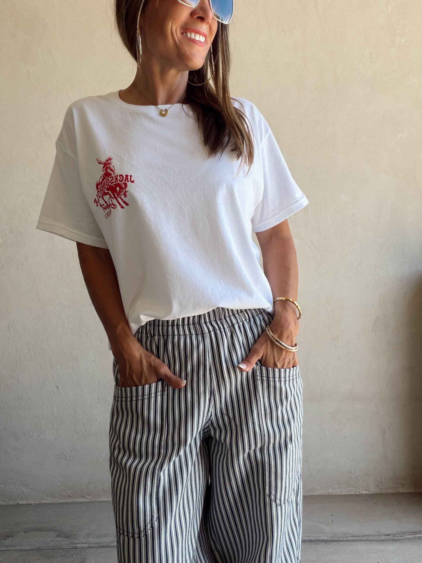 Sabrina Striped Barrel Pant in Navy