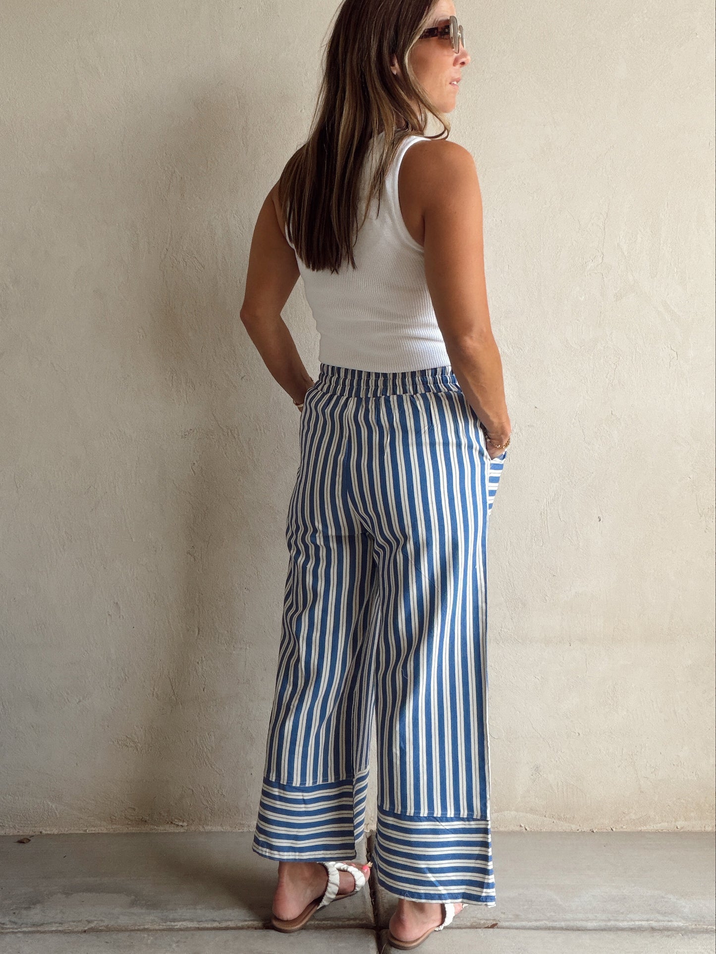 Kyla Drawstring Stripe Linen Pants in Blue & White