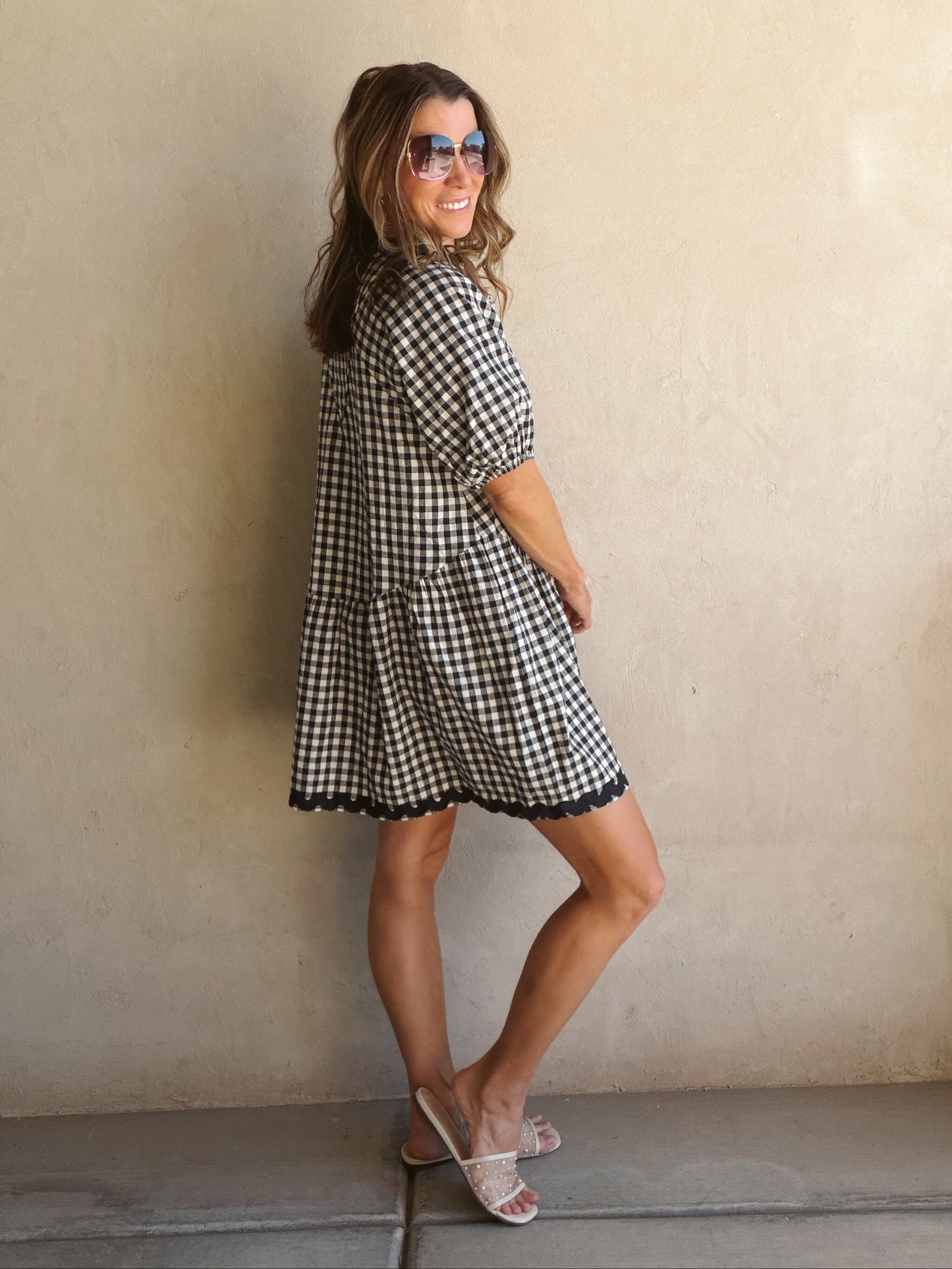 Tyra Tiered Midi Gingham Dress in Dark Navy