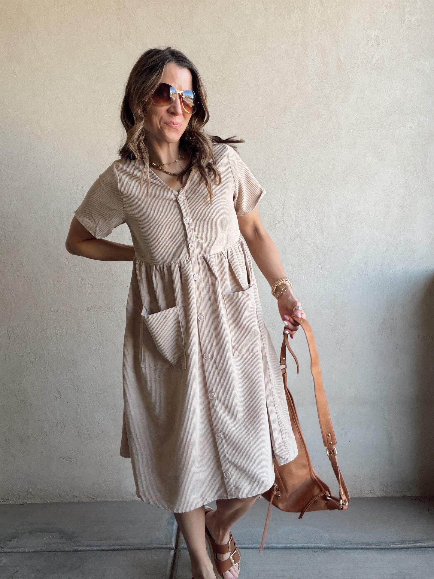 McKayla Corduroy Dress in Beige