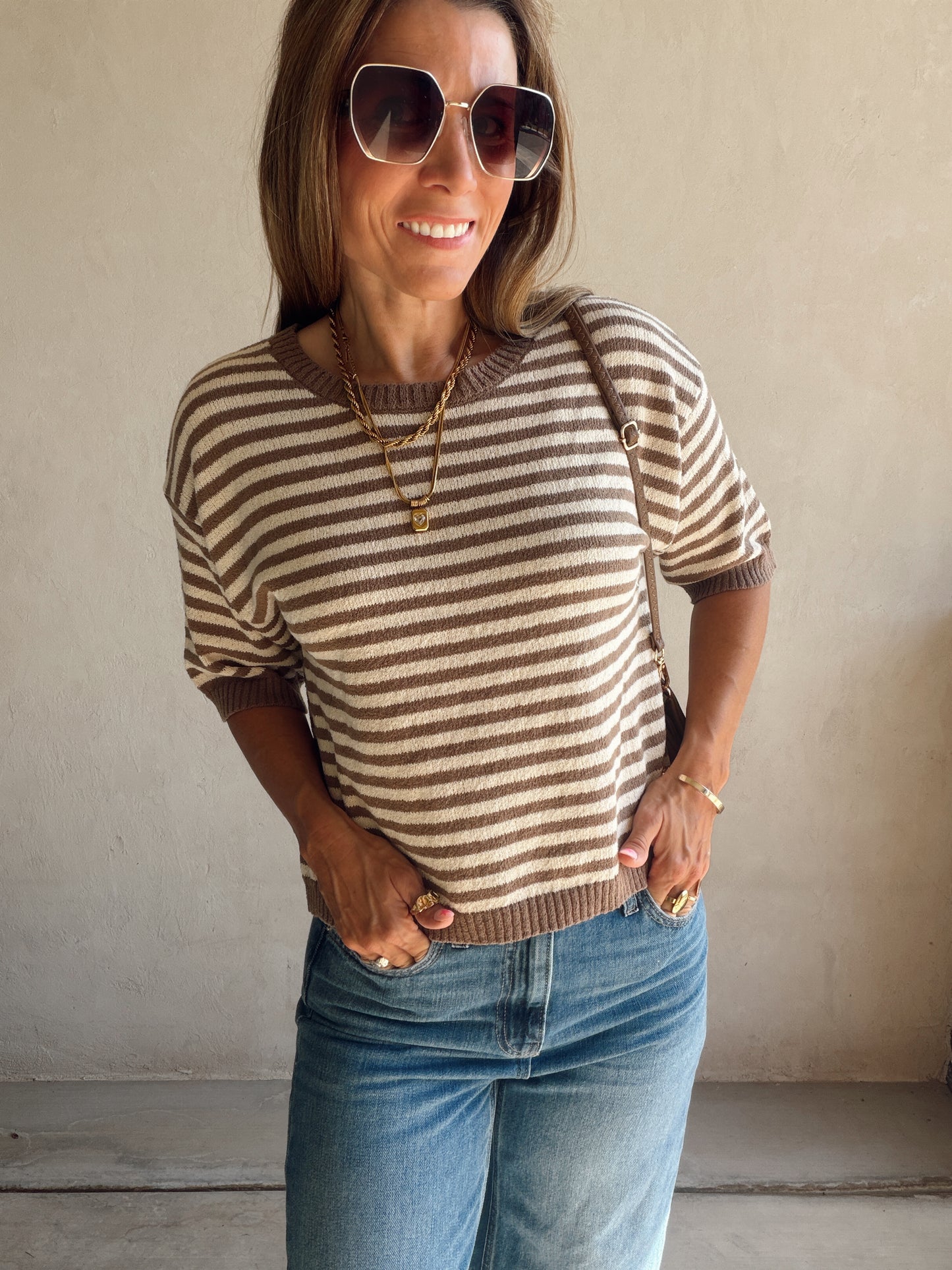 Emerald Striped Top in Mocha & Cream