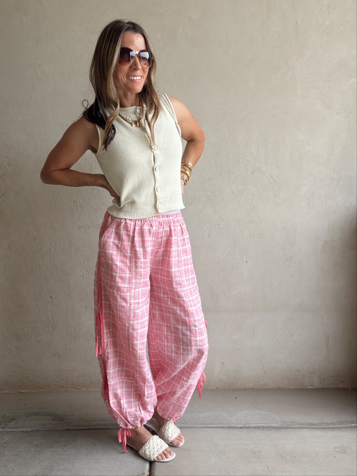 Christine Parachute Pants in Pink Plaid