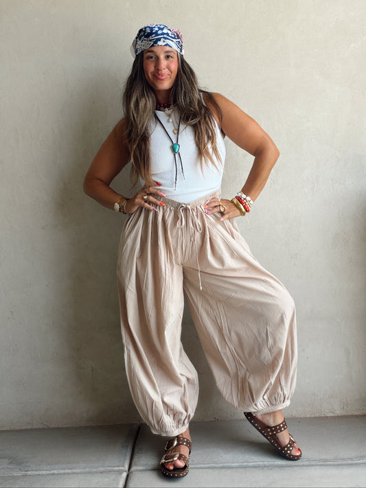 Tara Flowy Parachute Pants in Tan