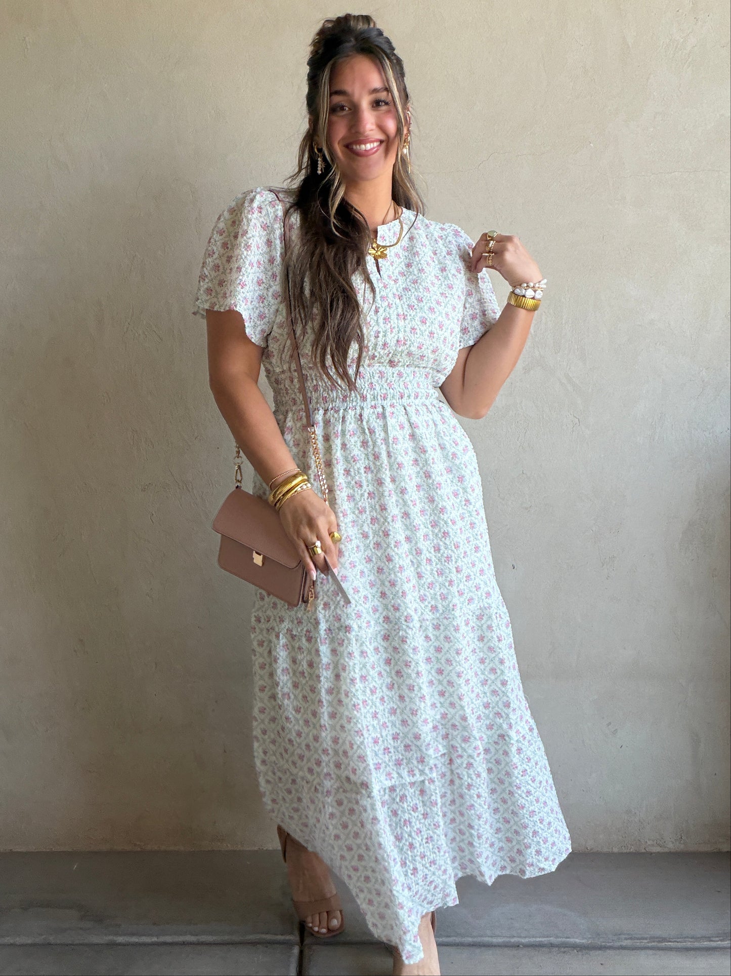 Sunday Floral Dress in Green, Pink & Ivory