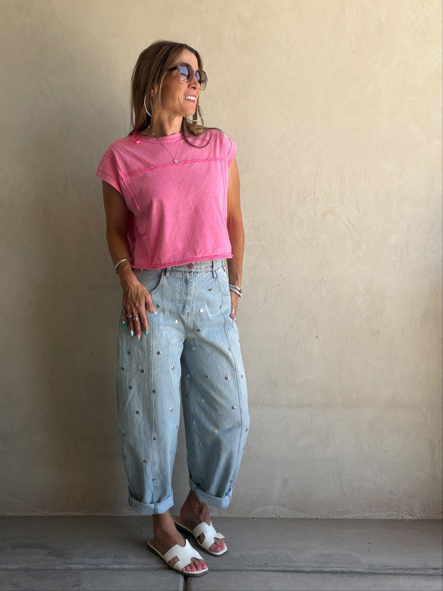 Lydia Light Wash Studded Barrel Jeans