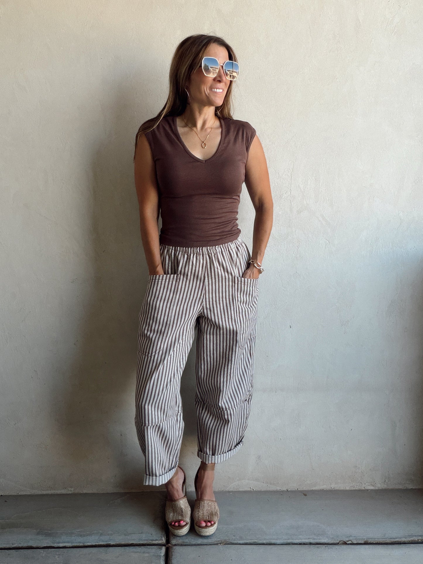 Sabrina Striped Barrel Pants in Brown