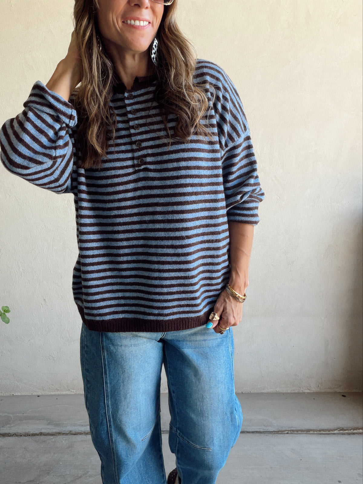 Hanna Henley Sweater in Blue & Chocolate