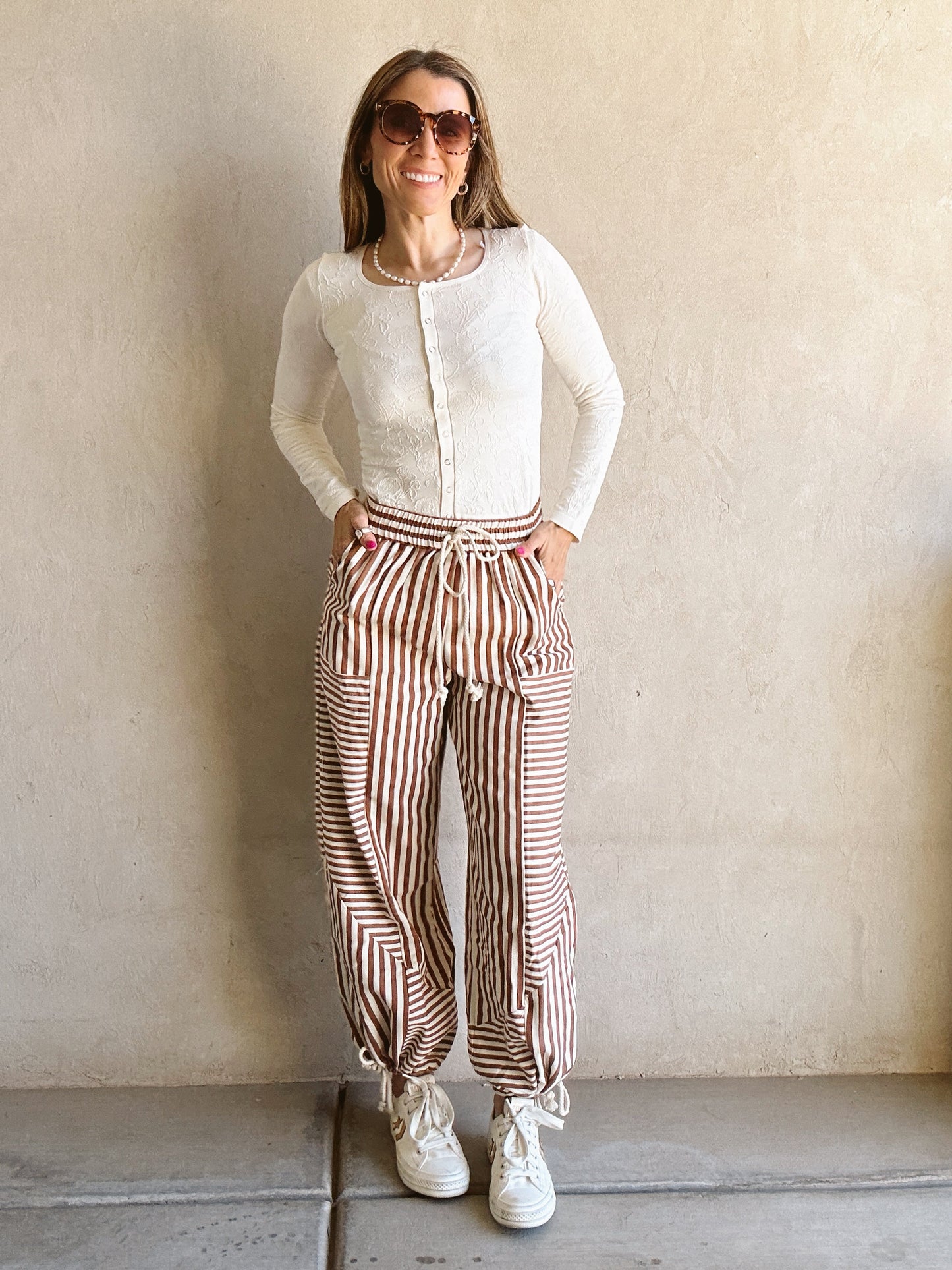 Ella Parachute Striped Pants in Pecan & Ivory