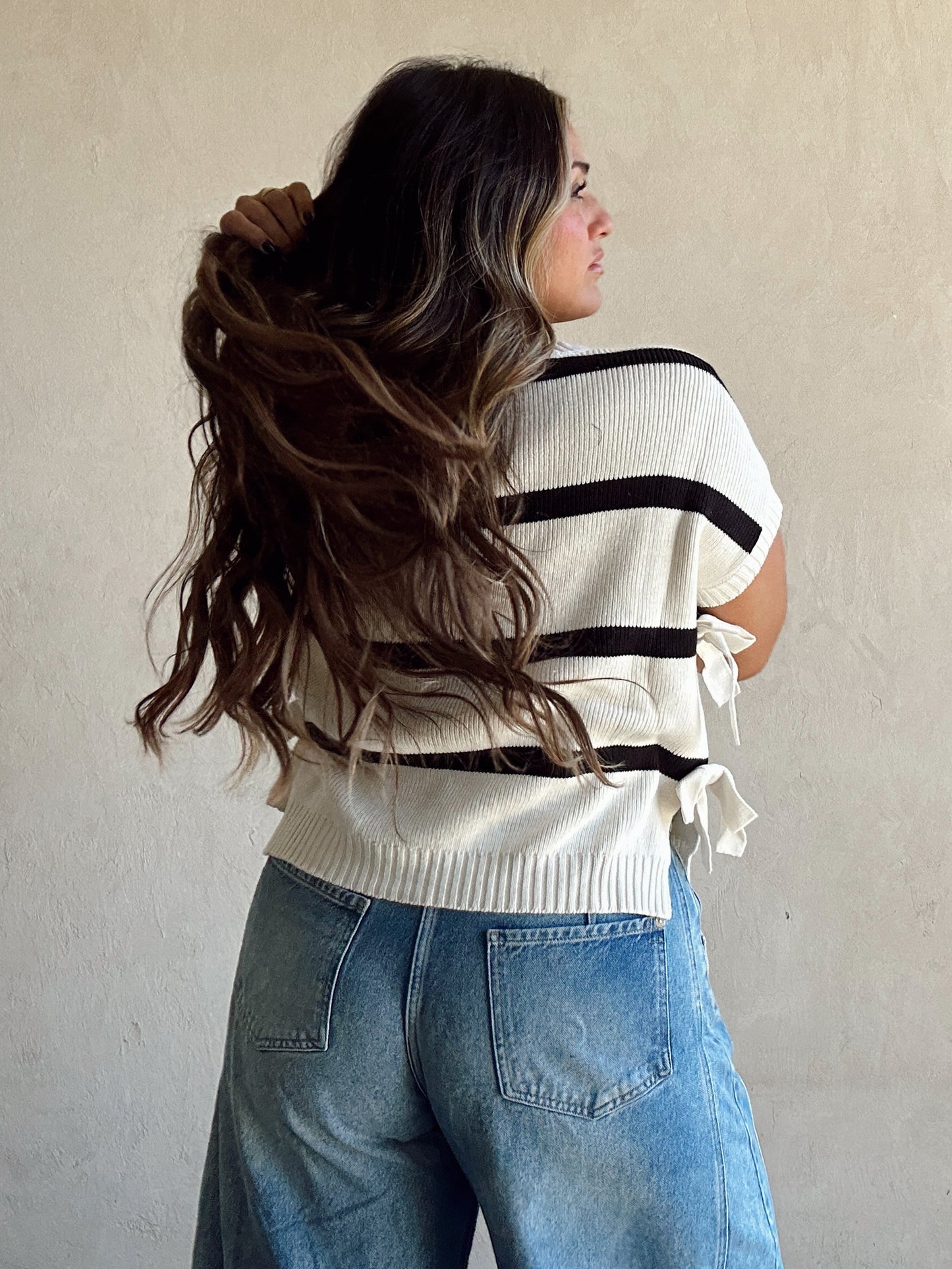 Lainee Striped Top with Side Bows in Navy, Mocha, and Ivory