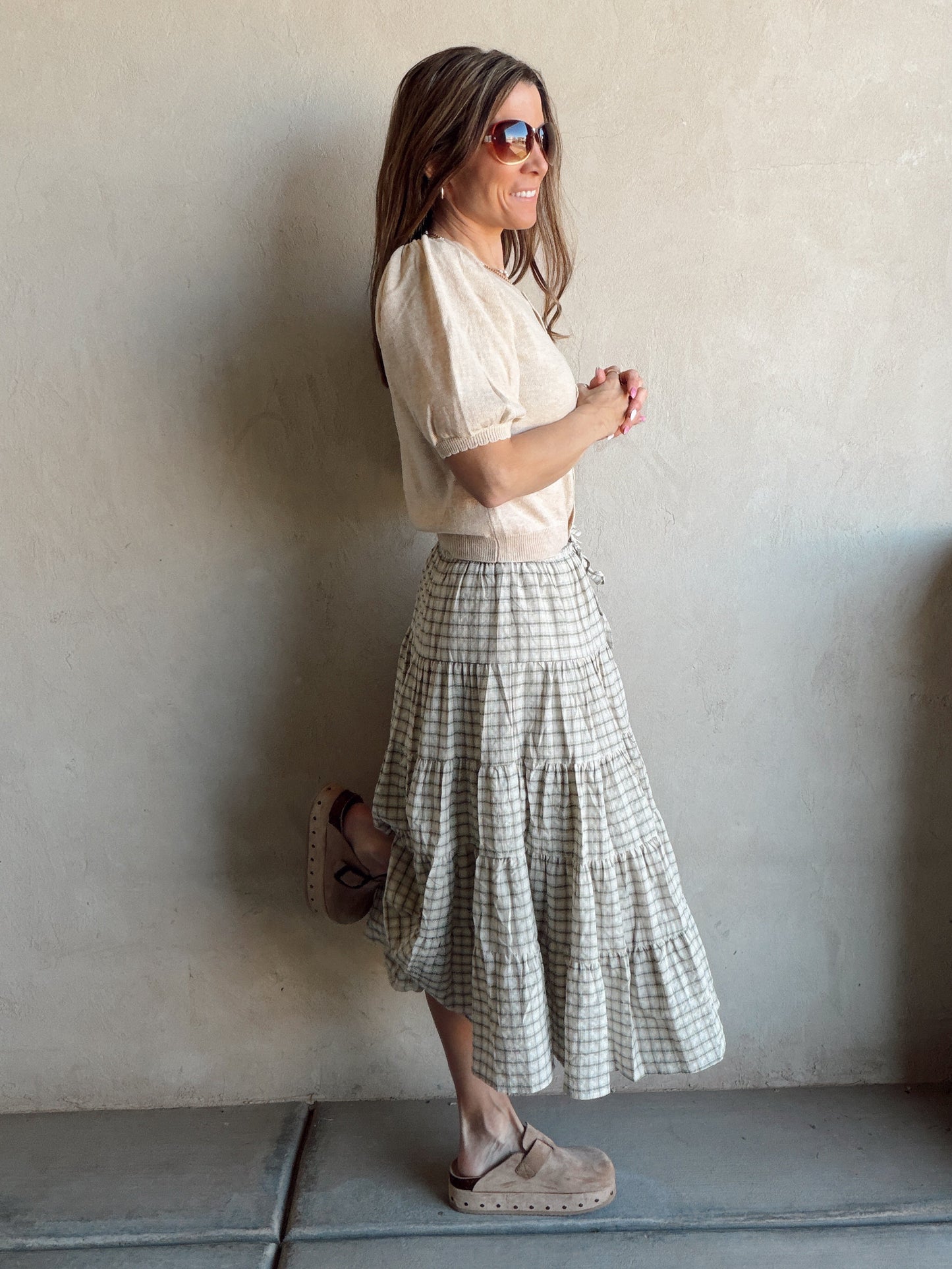 Sadie Midi Skirt in Olive, Tan & Cream