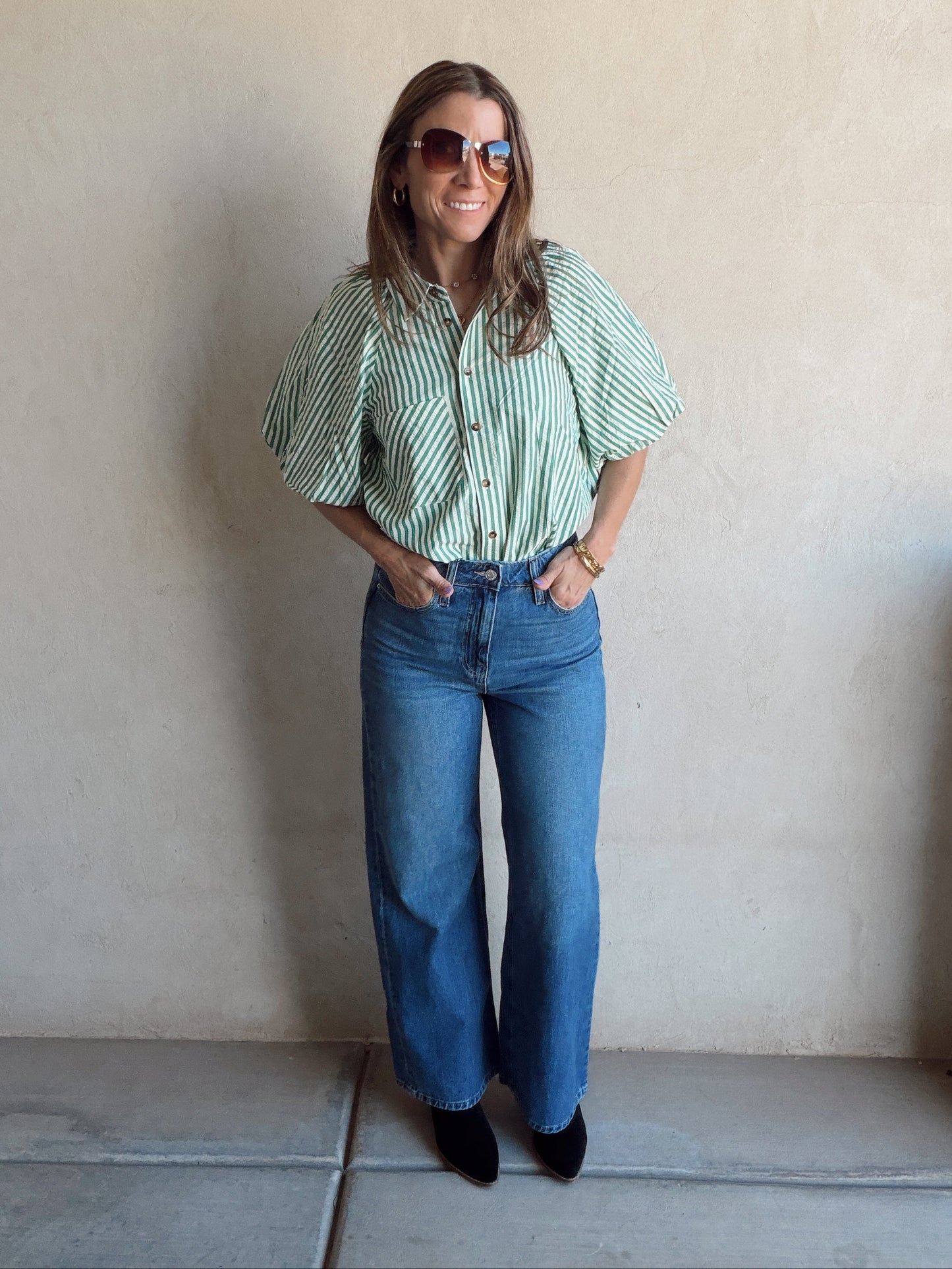 Jess Button Up Top in Green Stripe