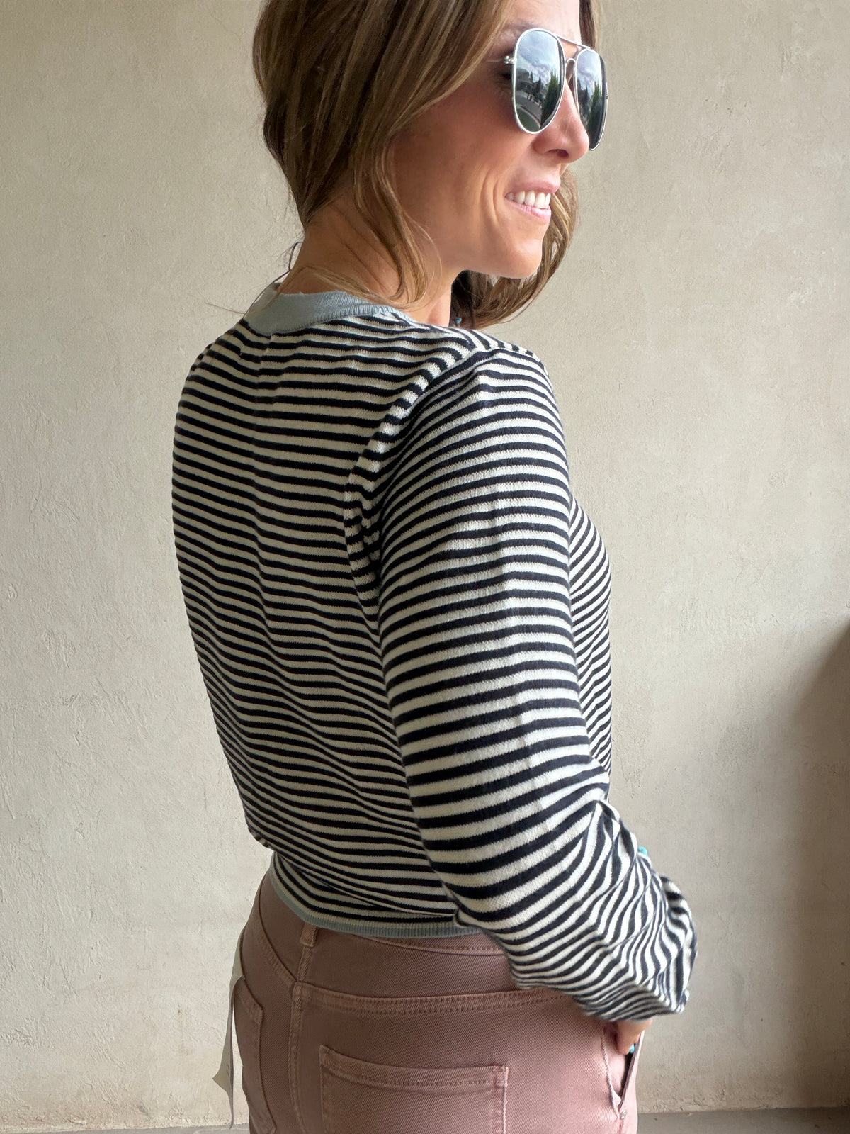 Adrienne Cardigan in in Dark Navy Stripe