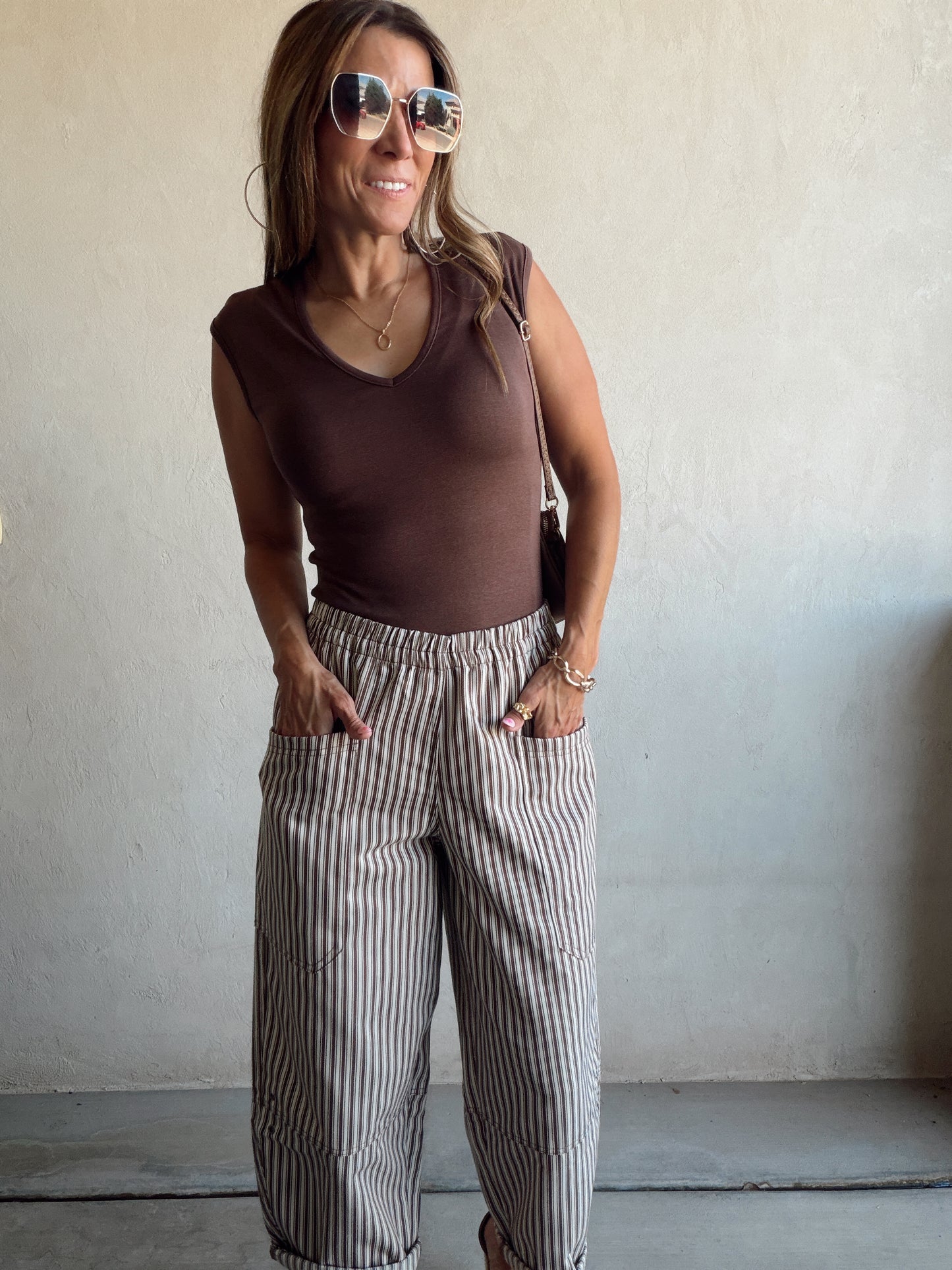 Sabrina Striped Barrel Pants in Brown