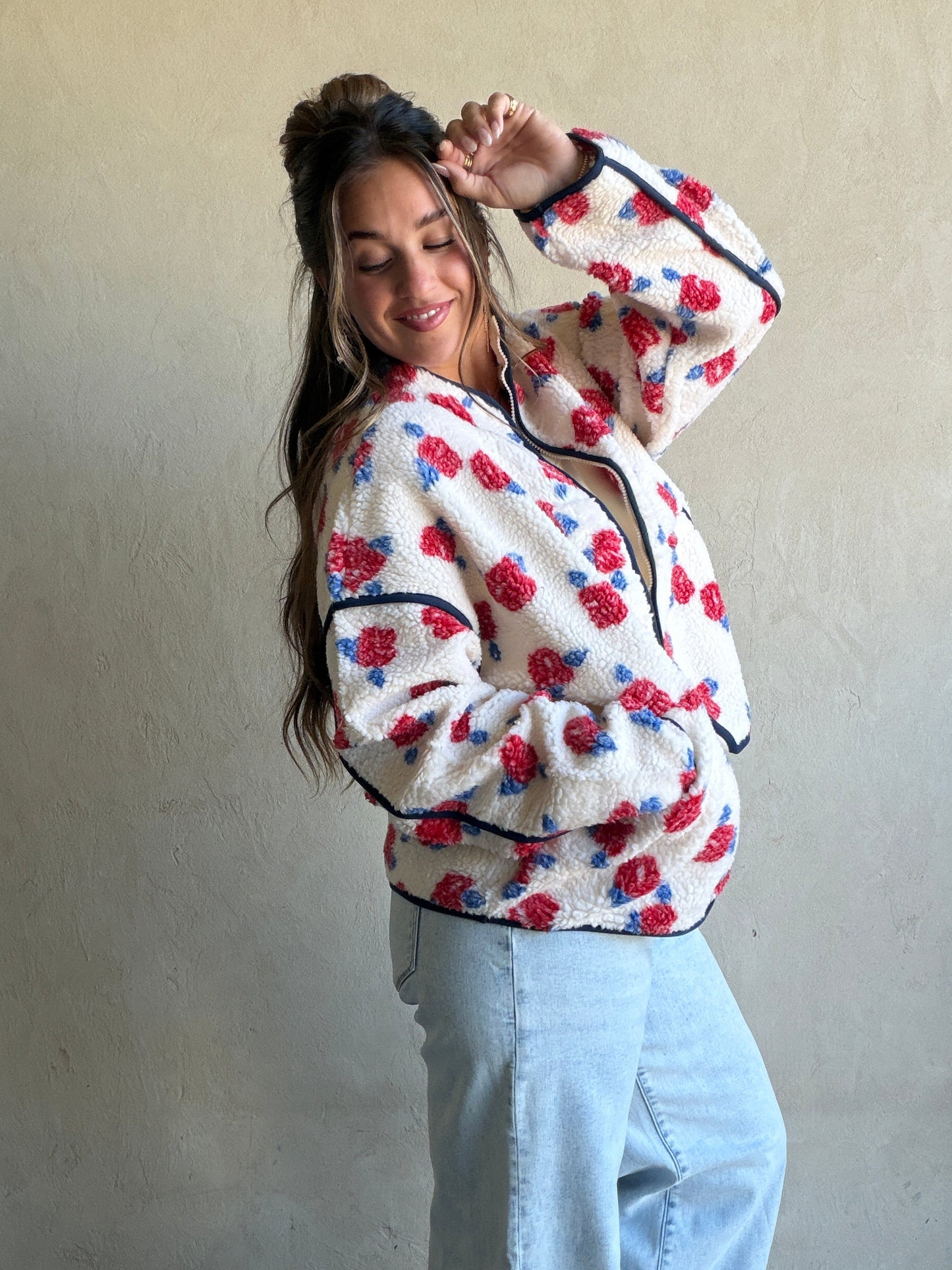 Luann Sherpa Jacket in Cream, Navy, & Red