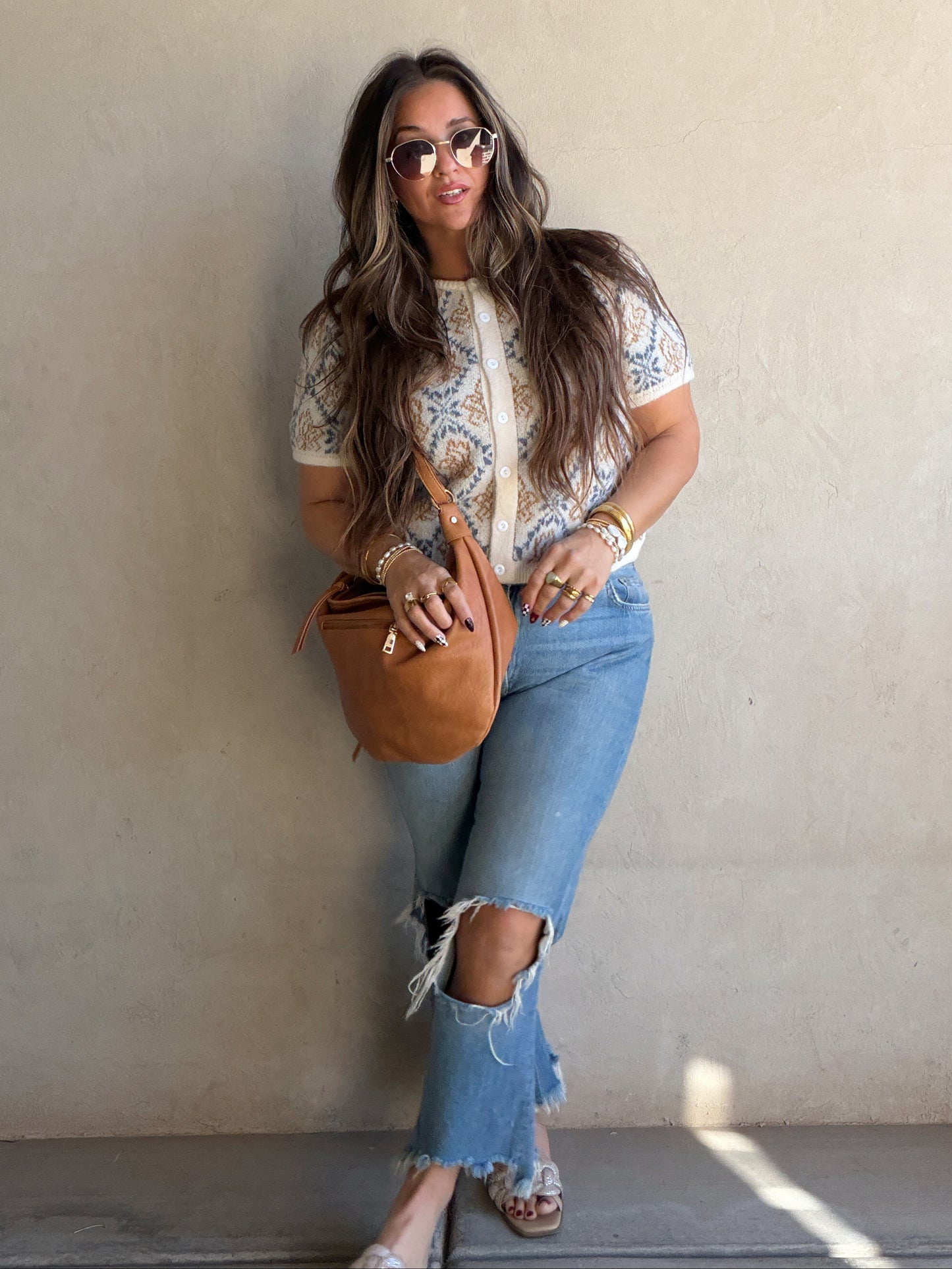 Maddy Button Down Cardigan in Blue & Camel