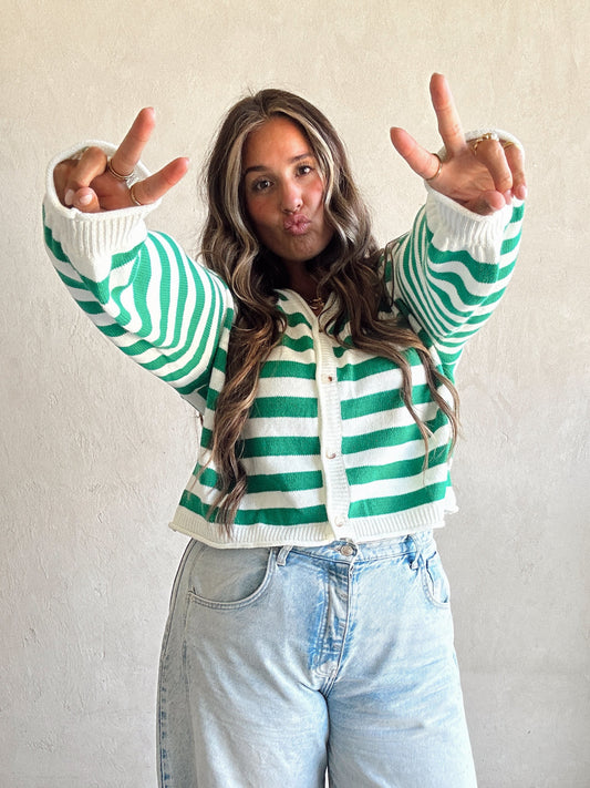 Brendee Striped Cardigan in Green & Ivory