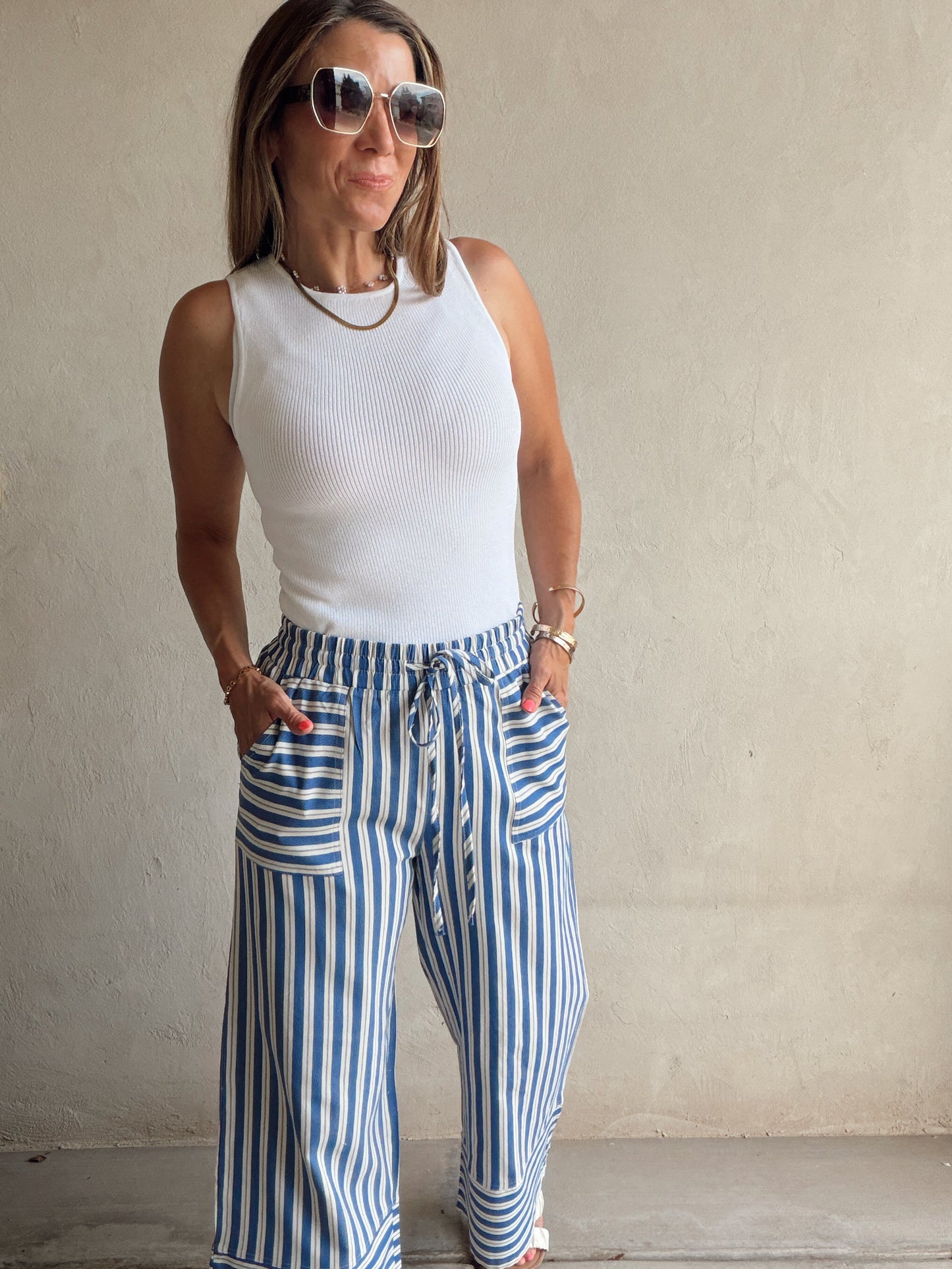 Kyla Drawstring Stripe Linen Pants in Blue & White