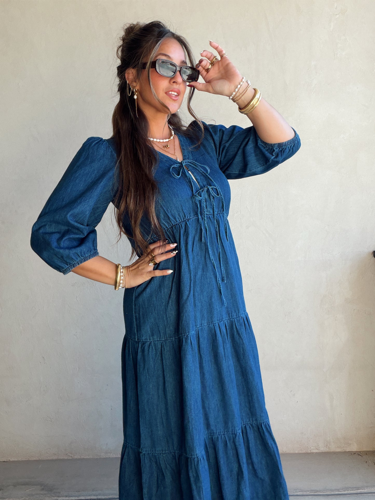Jolee Bow Maxi Dress in Denim