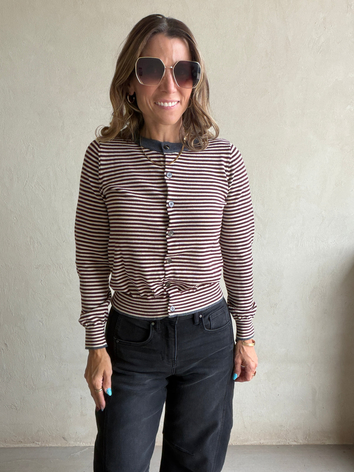 Adrianne Cardigan in Burgundy Stripe