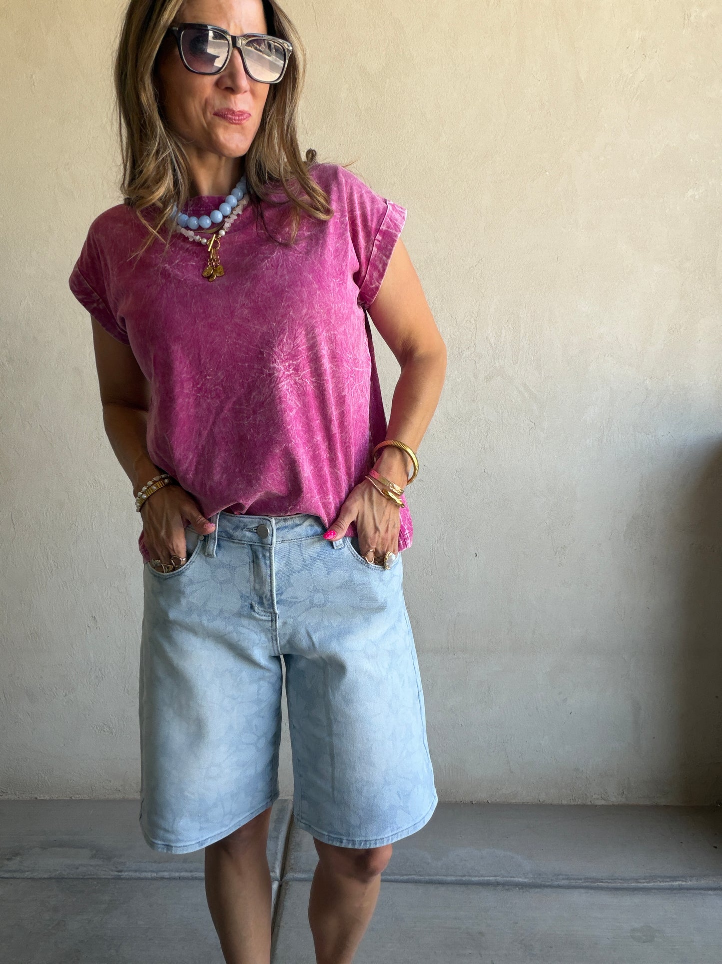 Chloe Floral Bermuda Shorts in Light Wash
