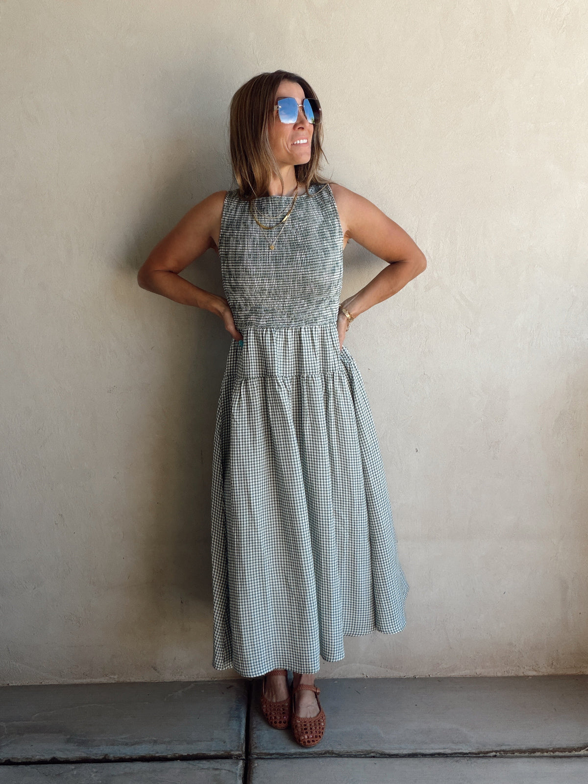 Denise Dress in Gingham Dress in Evergreen & Cream